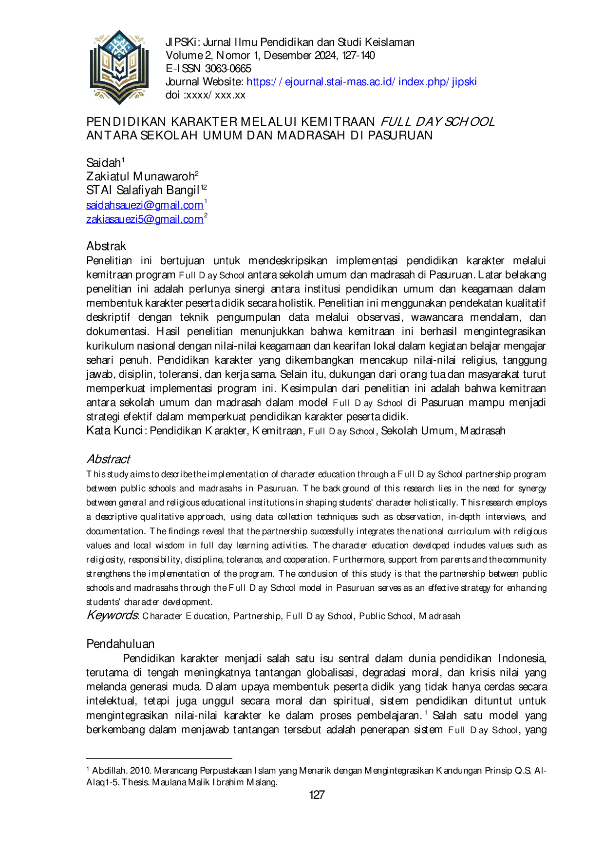 JURIS Pendidikan Karakter Melalui Kemitraan Full Day School Antara Sekolah Umum Dan Madrasah Di Pasuruan