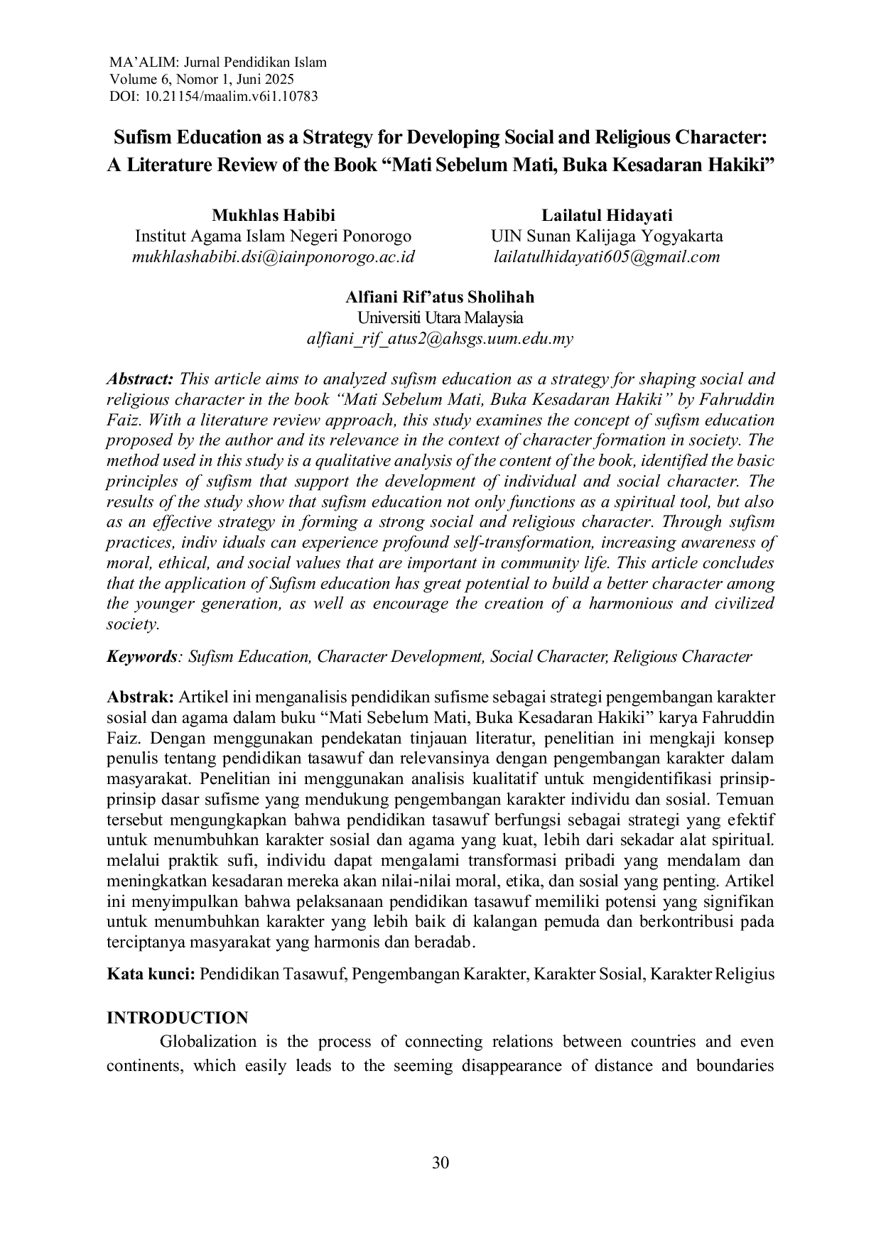 JURIS Sufism Education as a Strategy for Developing Social and Religious Character A Literature Review of the Book Mati Sebelum Mati Buka Kesadaran Hakiki