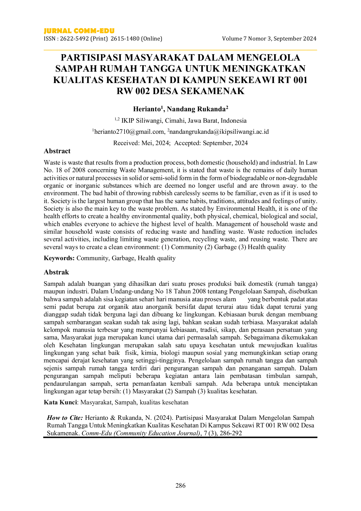 JURIS Partisipasi Masyarakat Dalam Mengelola Sampah Rumah Tangga Untuk Meningkatkan Kualitas Kesehatan Di Kampus Sekeawi RT 001 RW 002 Desa Sukamenak