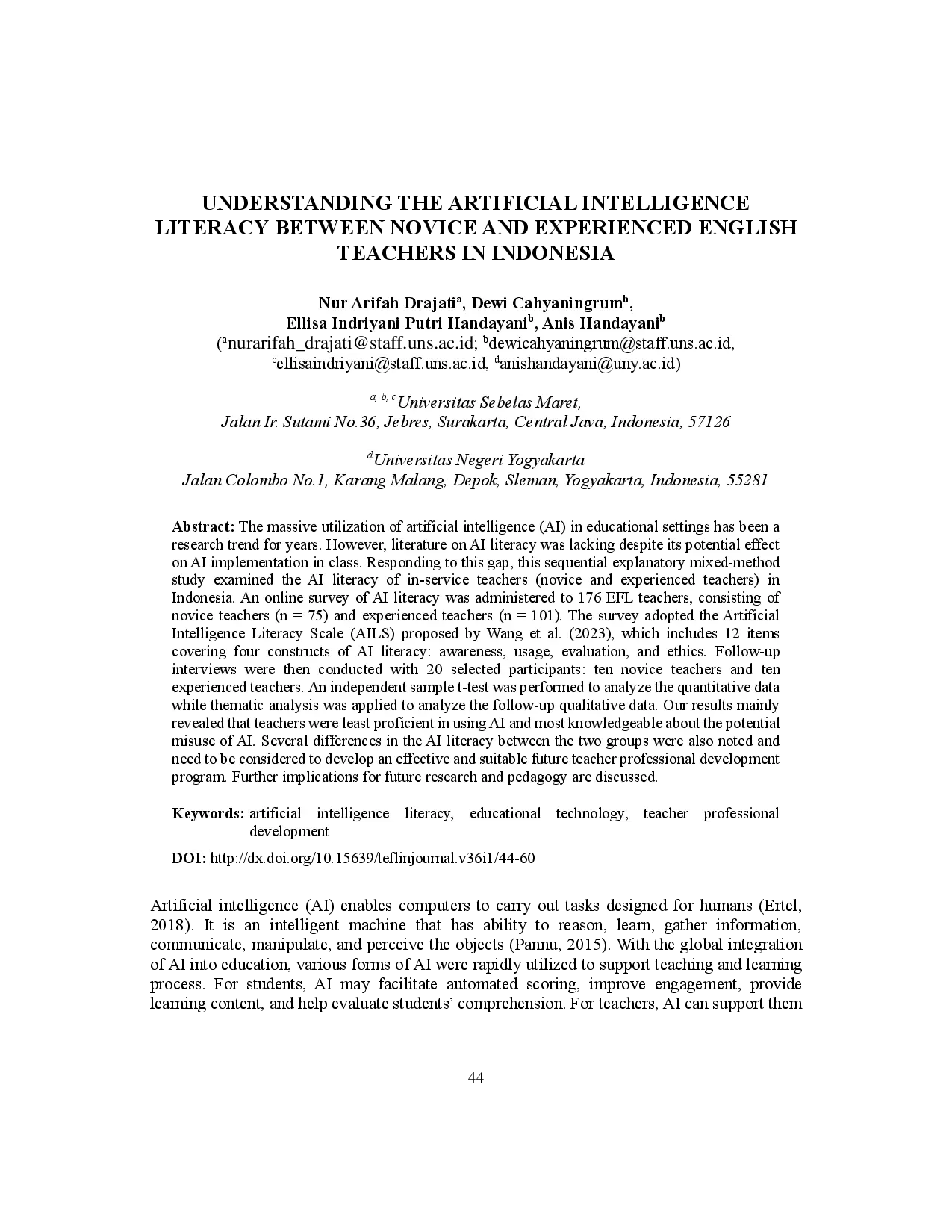 juris Pemahaman Literasi Kecerdasan Buatan Antara Guru Bahasa Inggris Pemula dan Berpengalaman di Indonesia