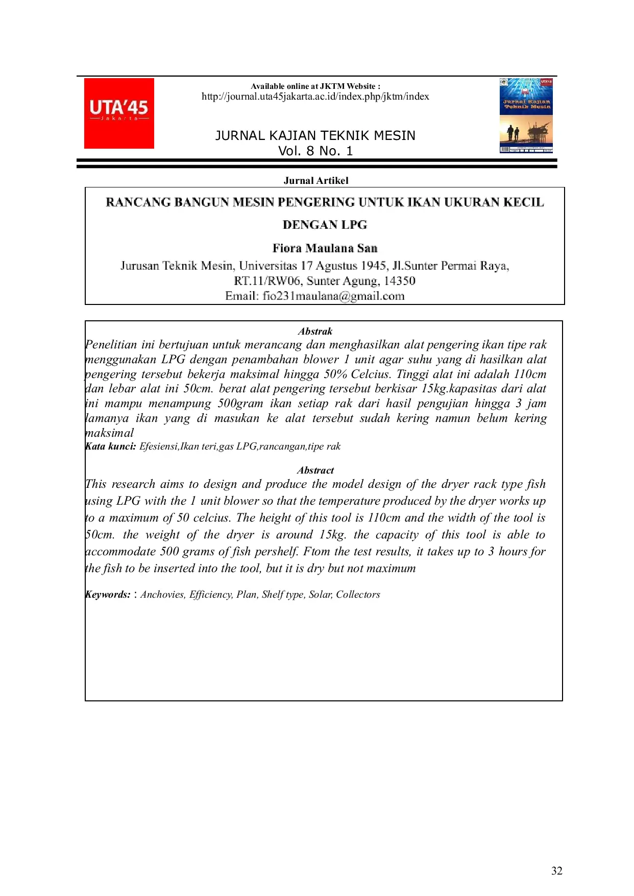 JURIS Rancang Bangun Alat Pengering Ikan Tipe Rak Menggunakan Gas Lpg Dengan Penambahan Blower