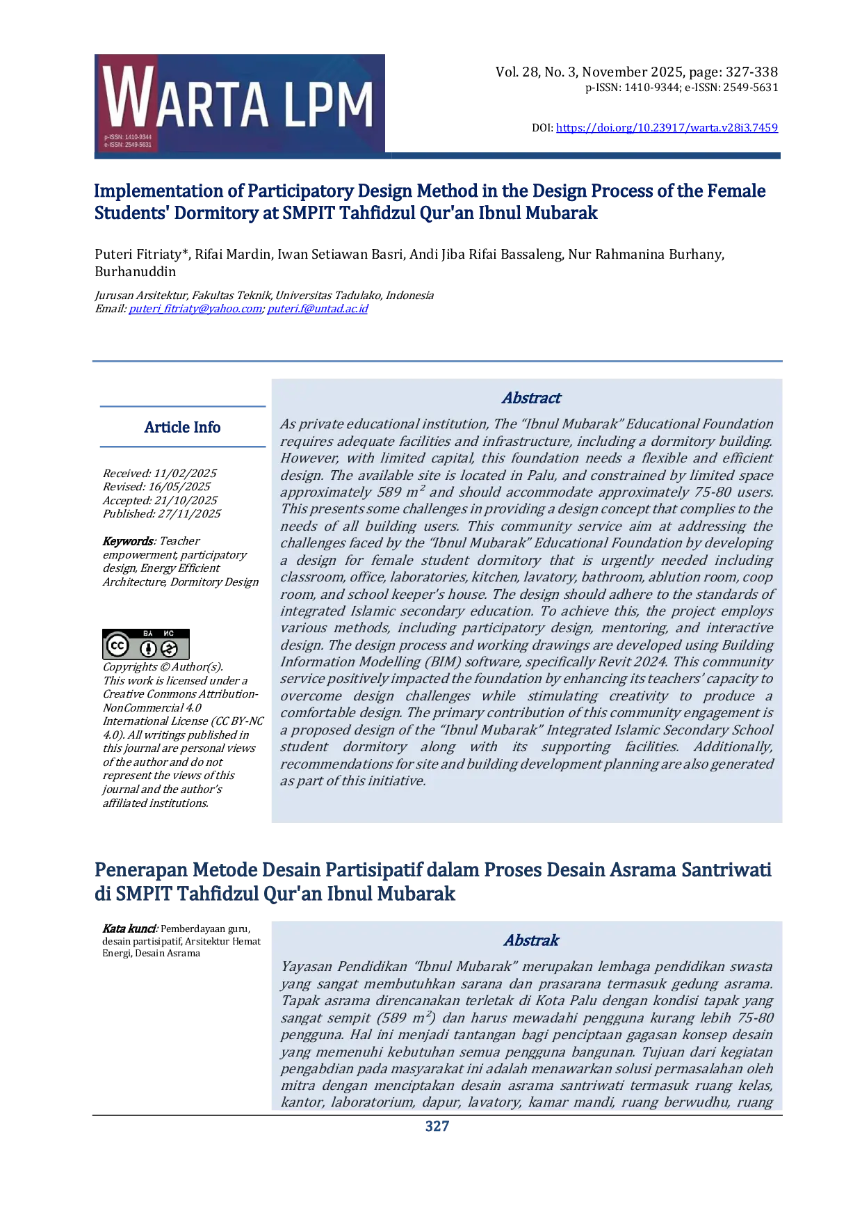 JURIS Implementation of Participatory Design Method in the Design Process of the Female Students Dormitory at SMPIT Tahfidzul Qur an Ibnul Mubarak