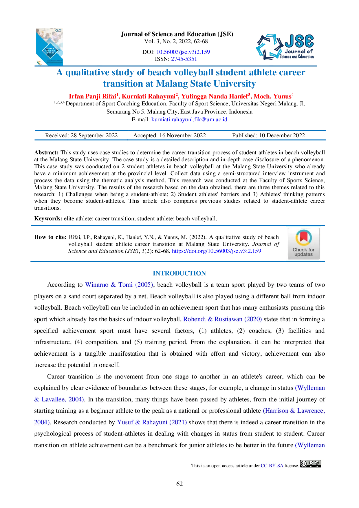 JURIS A qualitative study of beach volleyball student athlete career transition at Malang State University
