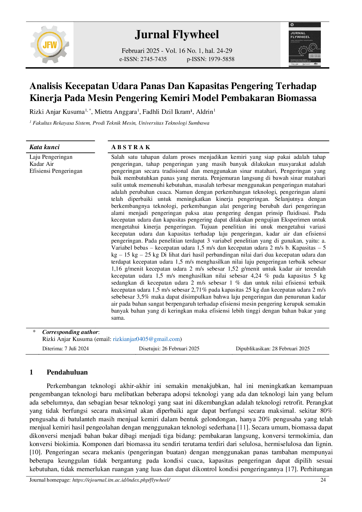 JURIS Analisis Kecepatan Udara Panas Dan Kapasitas Pengering Terhadap Kinerja Pada Mesin Pengering Kemiri Model Pembakaran Biomassa