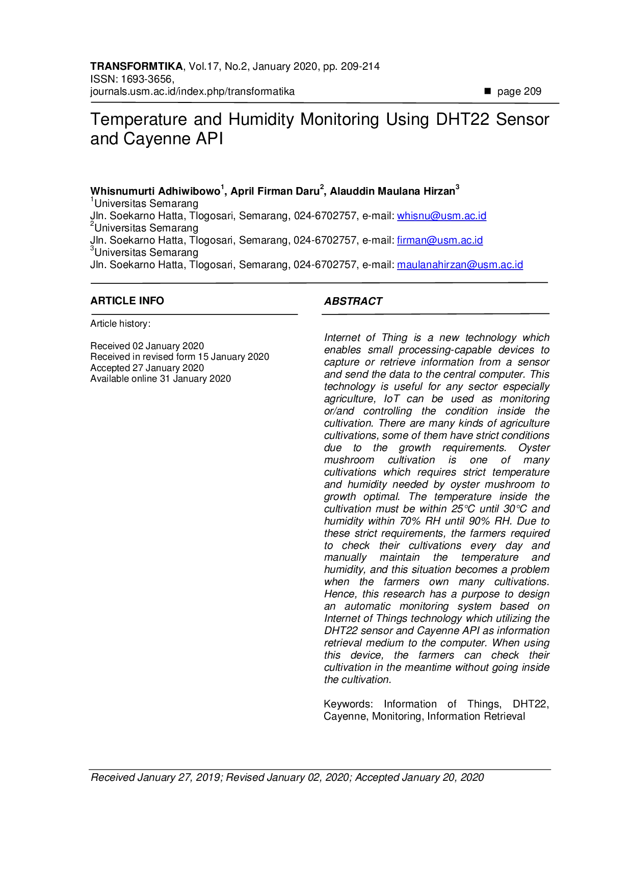 JURIS Temperature and Humidity Monitoring Using DHT22 Sensor and Cayenne API