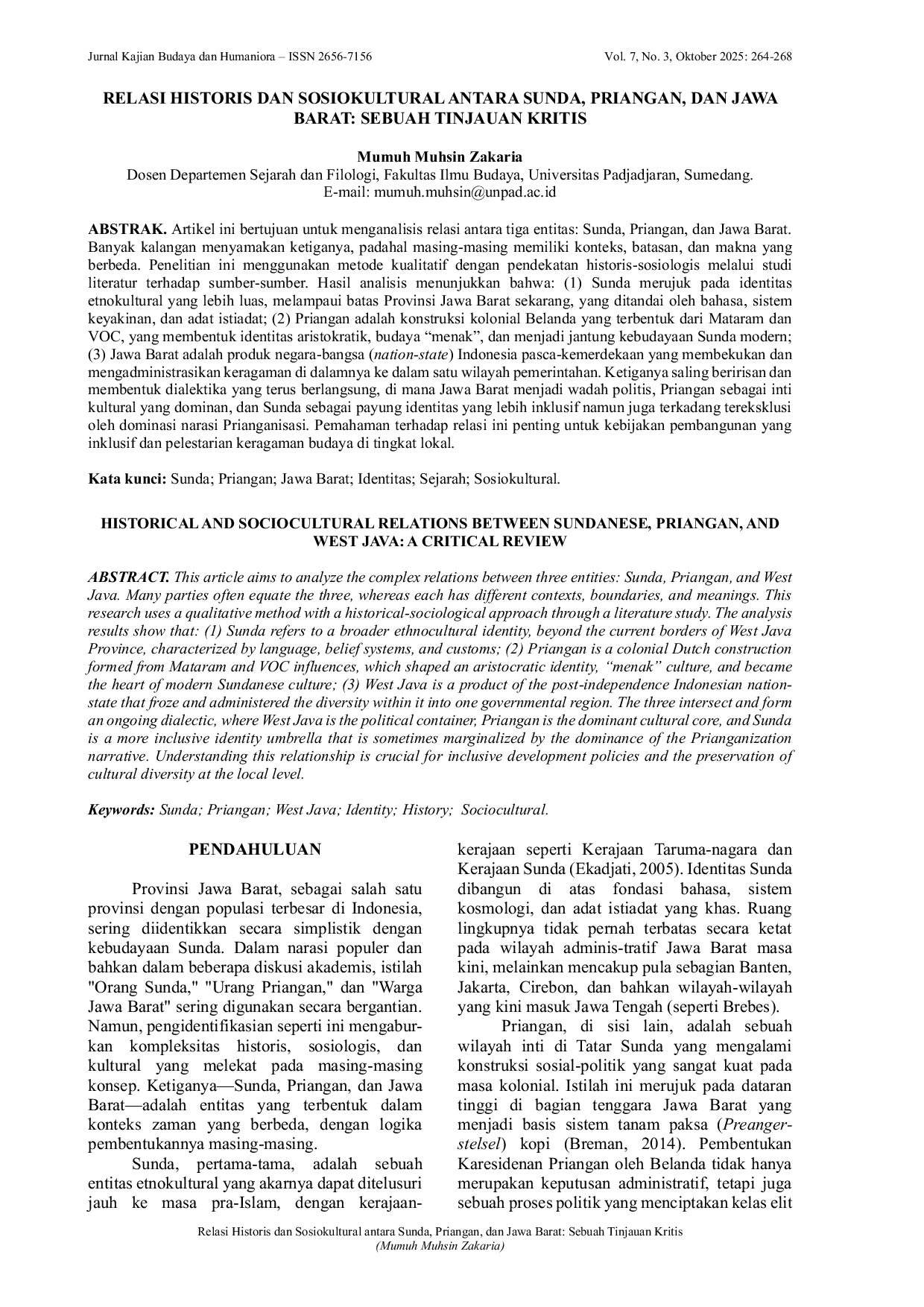 JURIS Historical and Sociocultural Relations Between Sunda Priangan and West Java A Critical Review