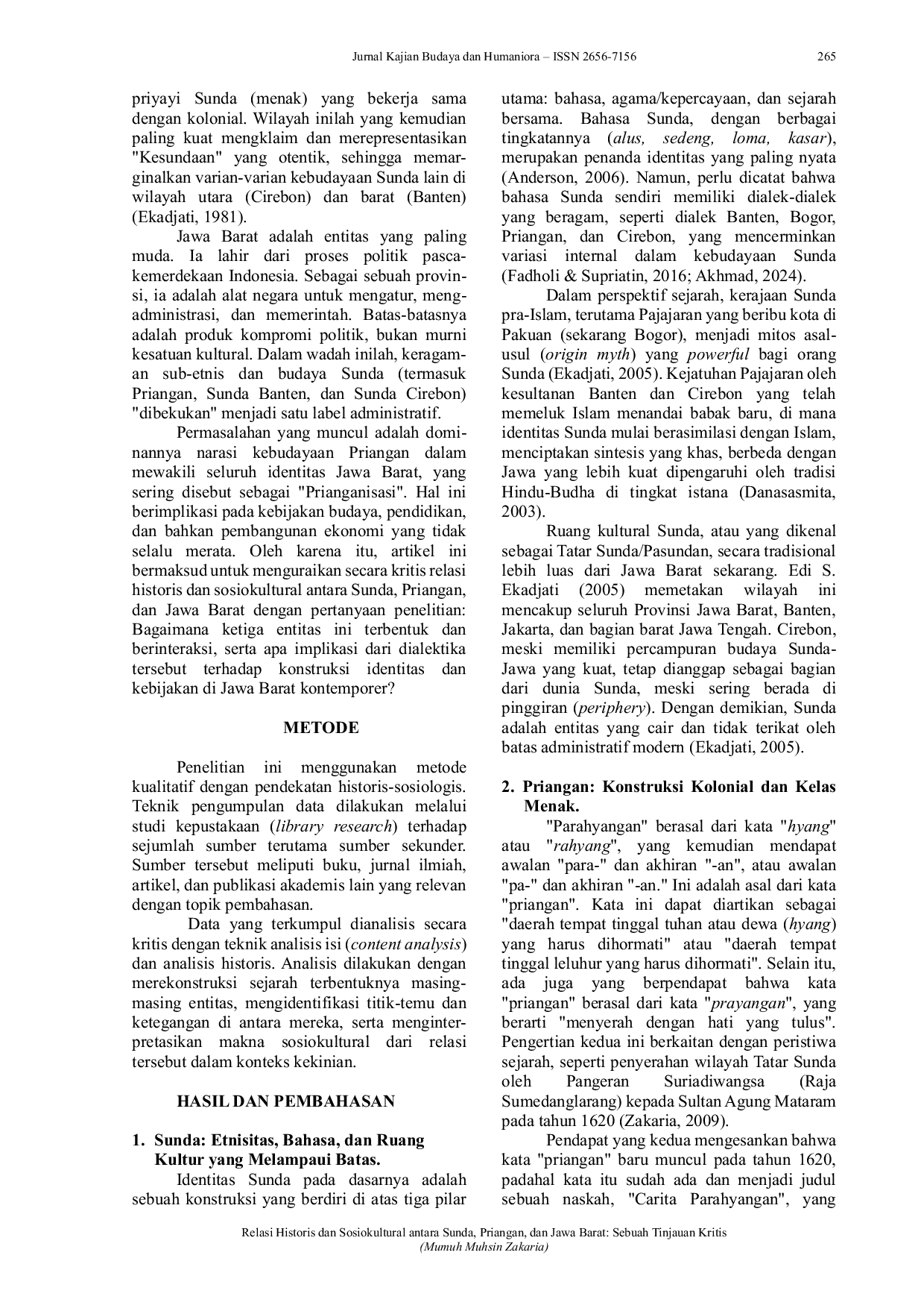 JURIS Historical and Sociocultural Relations Between Sunda Priangan and West Java A Critical Review