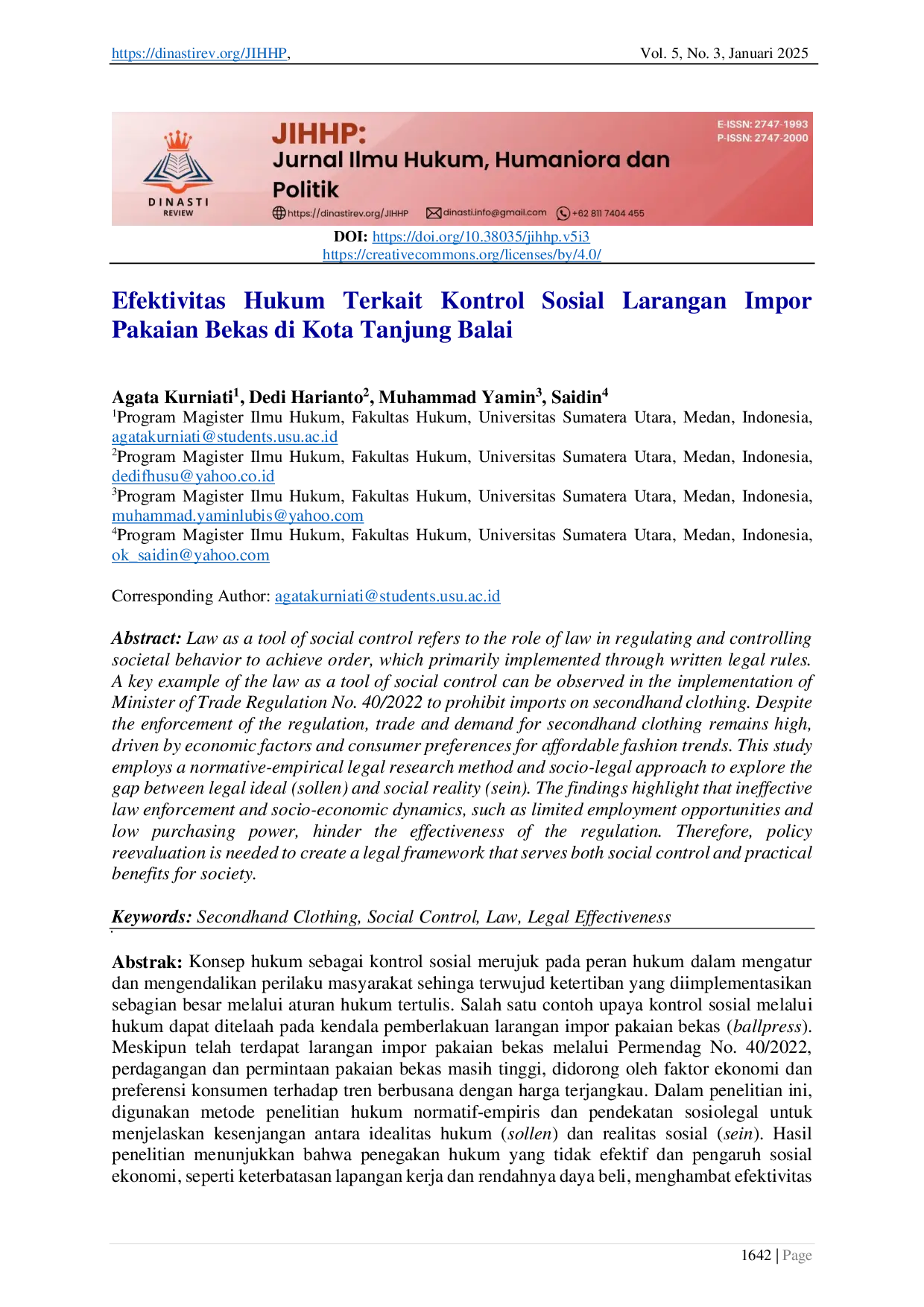 JURIS Efektivitas Hukum Terkait Kontrol Sosial Larangan Impor Pakaian Bekas di Kota Tanjung Balai