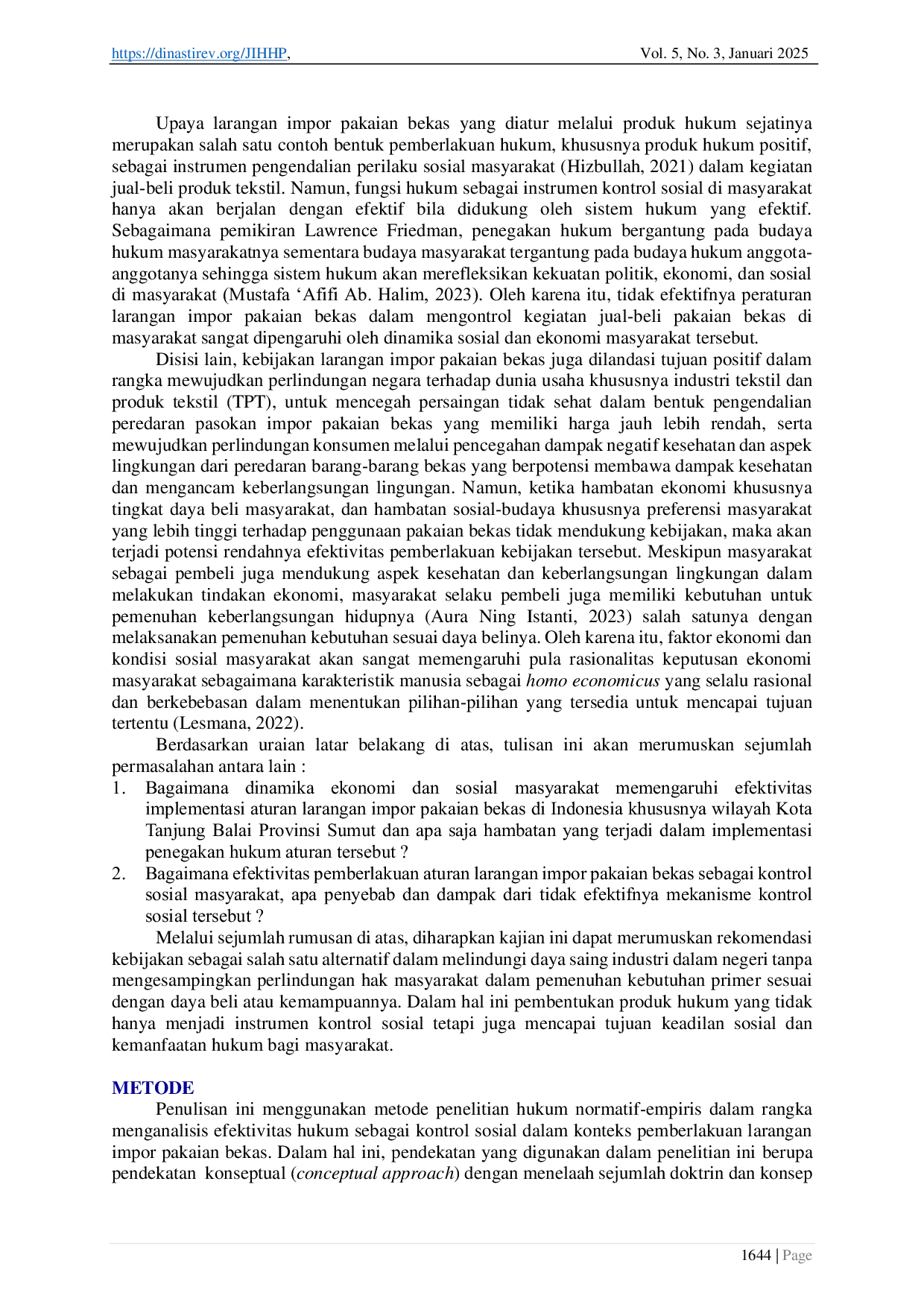 JURIS Efektivitas Hukum Terkait Kontrol Sosial Larangan Impor Pakaian Bekas di Kota Tanjung Balai