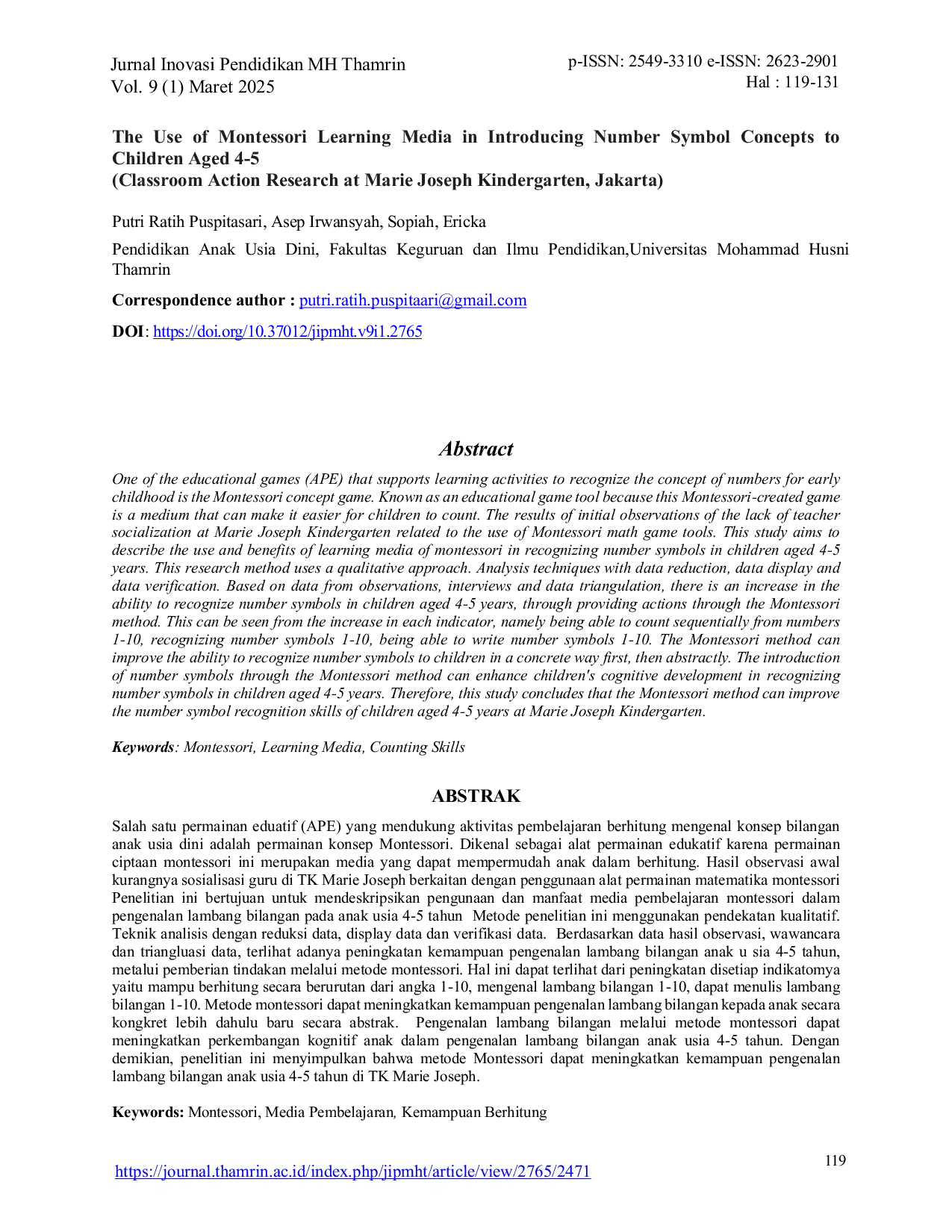 JURIS The Use of Montessori Learning Media in Introducing Number Symbol Concepts to Children Aged 4 5 Classroom Action Research at Marie Joseph Kindergarten Jakarta