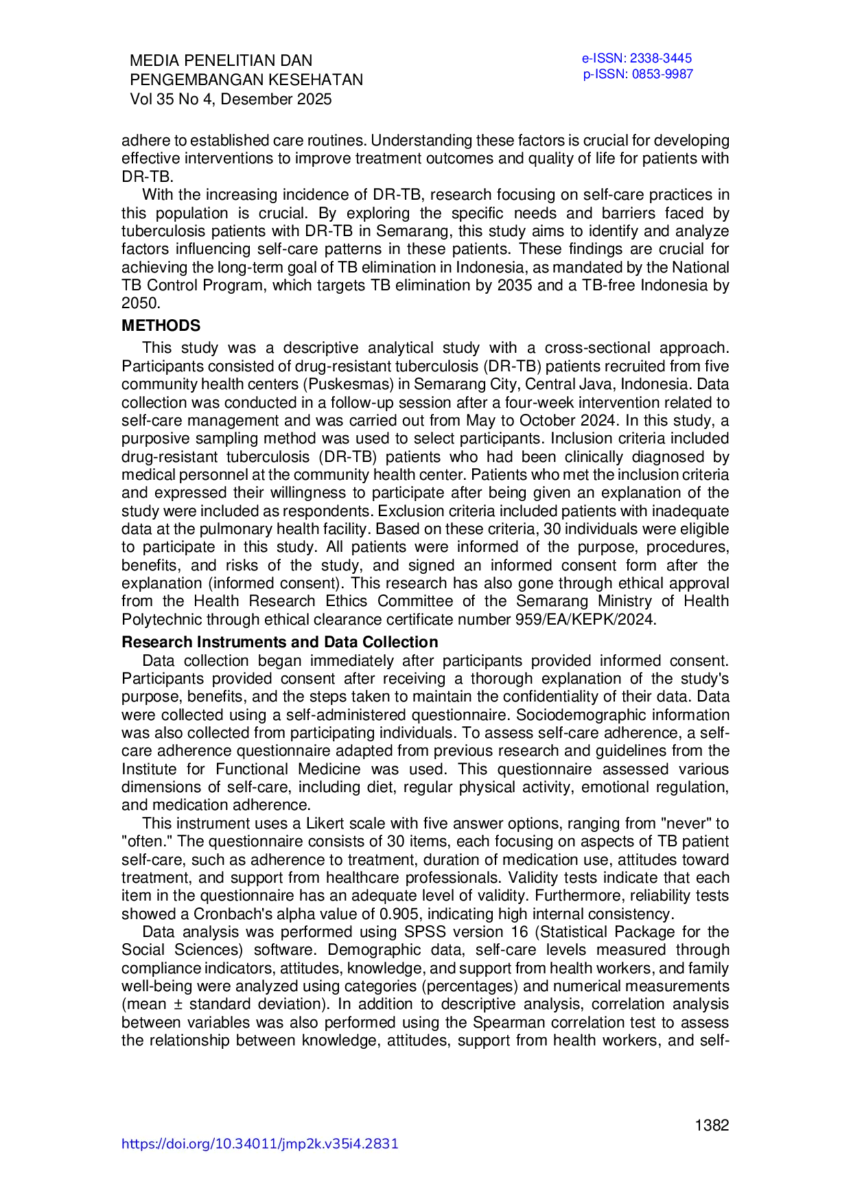 JURIS Study Analysis of Self Care Patterns in Patients with Drug Resistant Tuberculosis in Semarang City