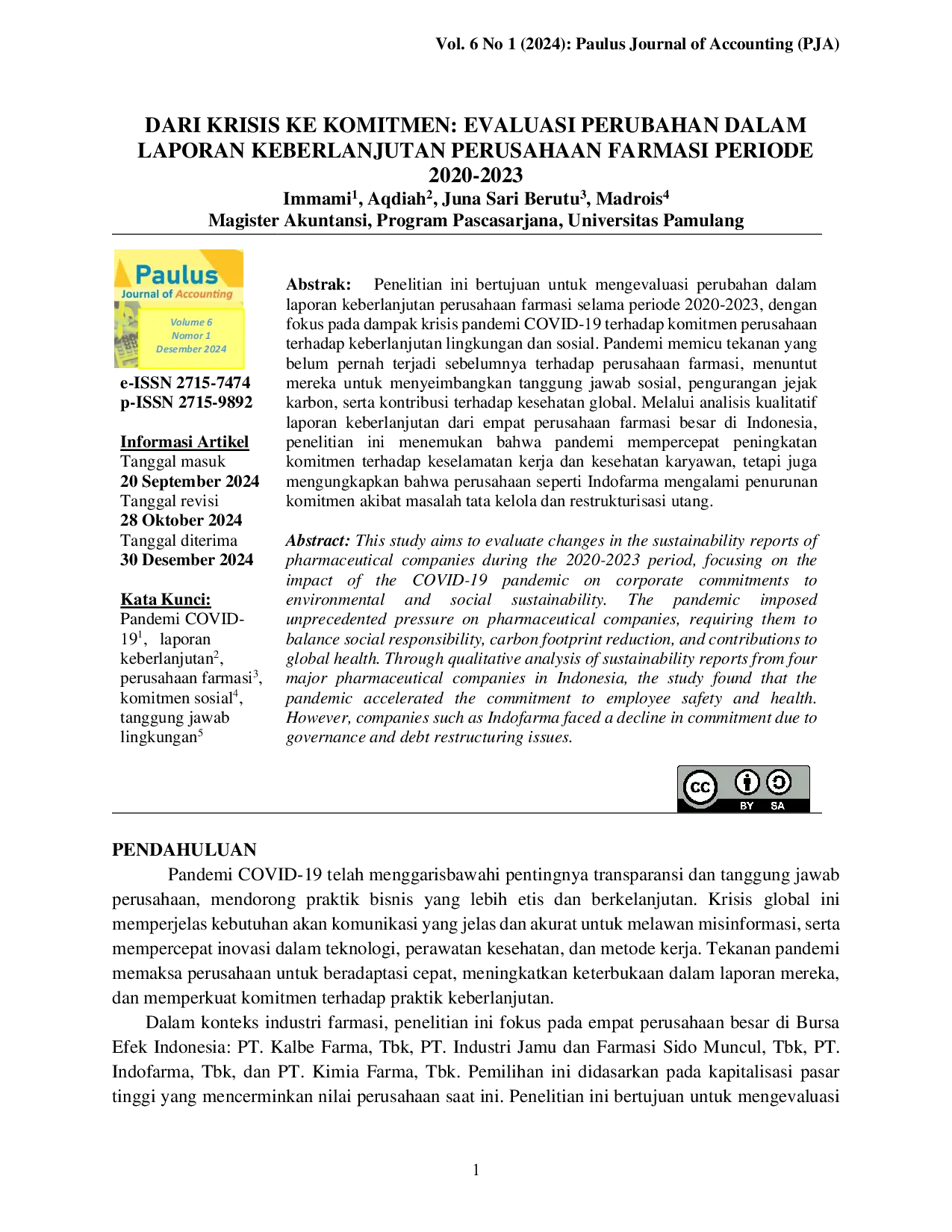 JURIS Dari Krisis ke Komitmen Evaluasi Perubahan dalam Laporan Keberlanjutan Perusahaan Farmasi Periode 2020 2023