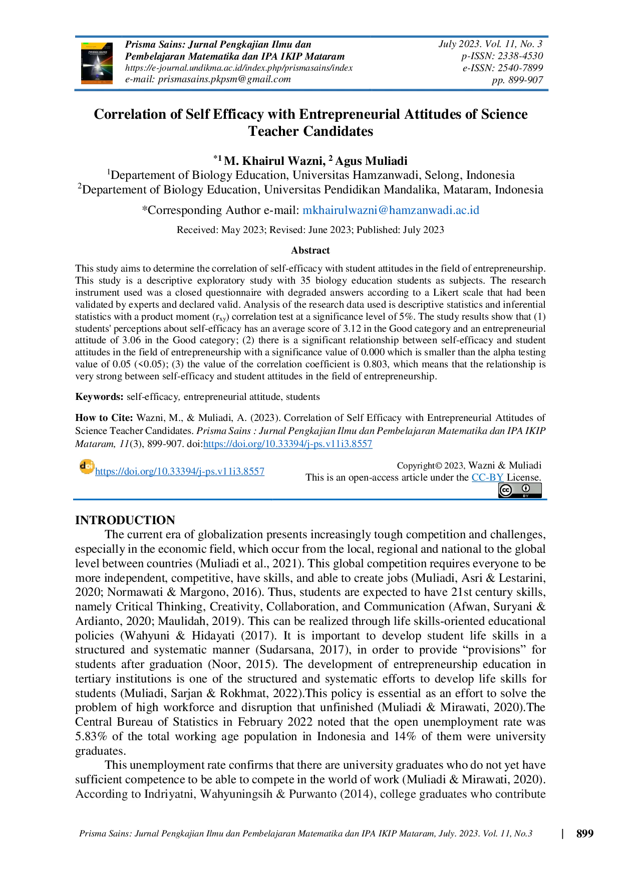 JURIS Correlation of Self Efficacy with Entrepreneurial Attitudes of Science Teacher Candidates