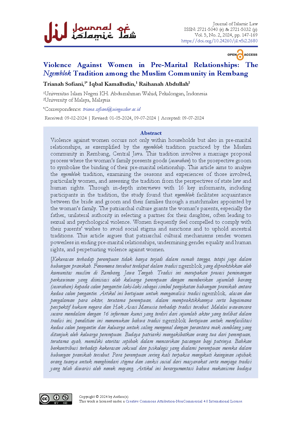 juris Violence Against Women in Pre Marital Relationships The Ngemblok Tradition among the Muslim Community in Rembang