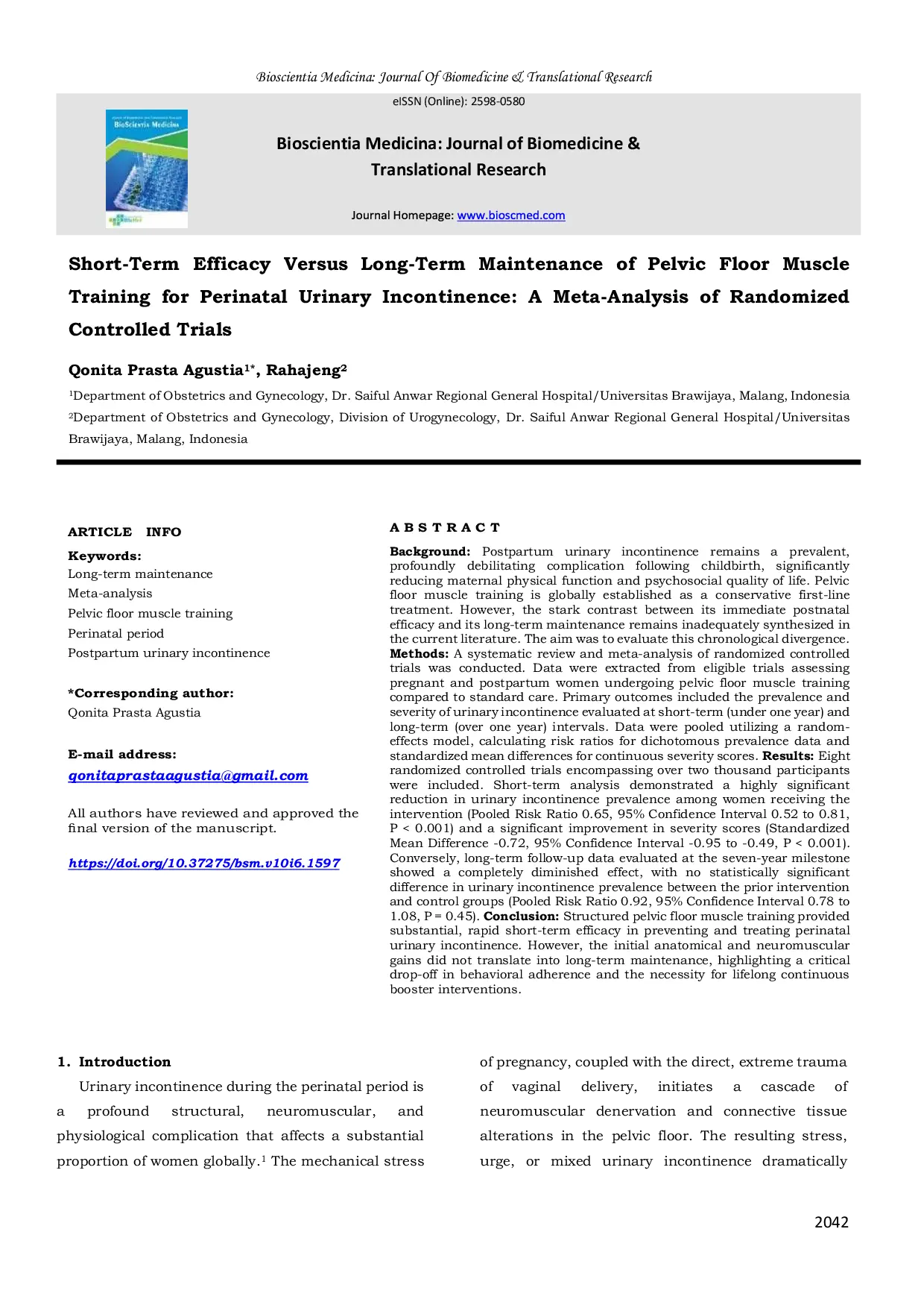 JURIS Short Term Efficacy Versus Long Term Maintenance of Pelvic Floor Muscle Training for Perinatal Urinary Incontinence A Meta Analysis of Randomized Controlled Trials