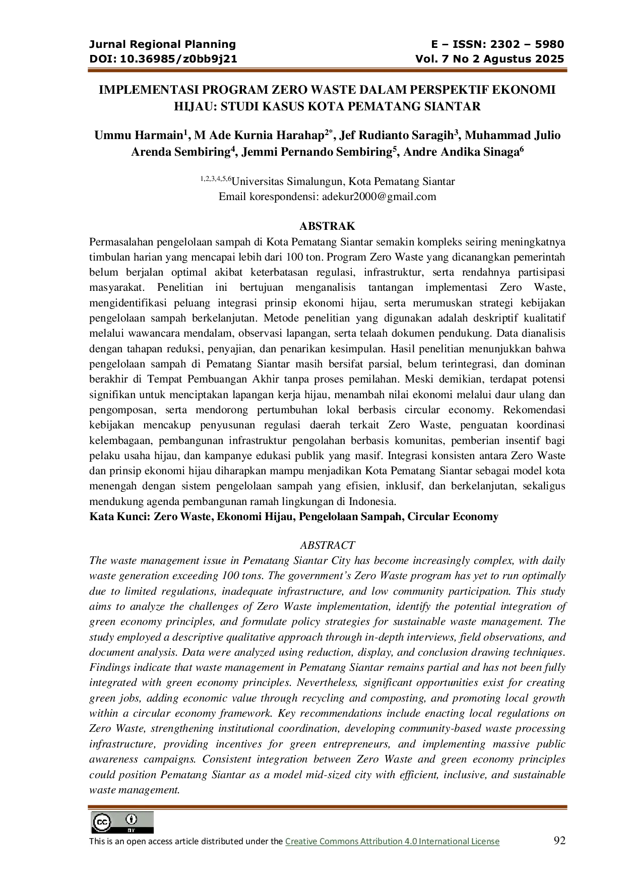 JURIS Implementasi Program Zero Waste Dalam Perspektif Ekonomi Hijau Studi Kasus Kota Pematang Siantar