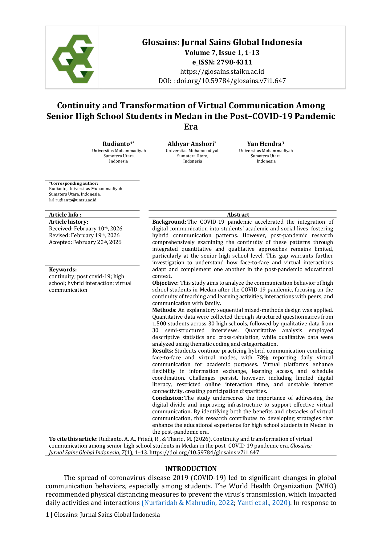 JURIS Continuity and Change Virtual Communication Among High School Students in Medan After Covid 19 Pandemic