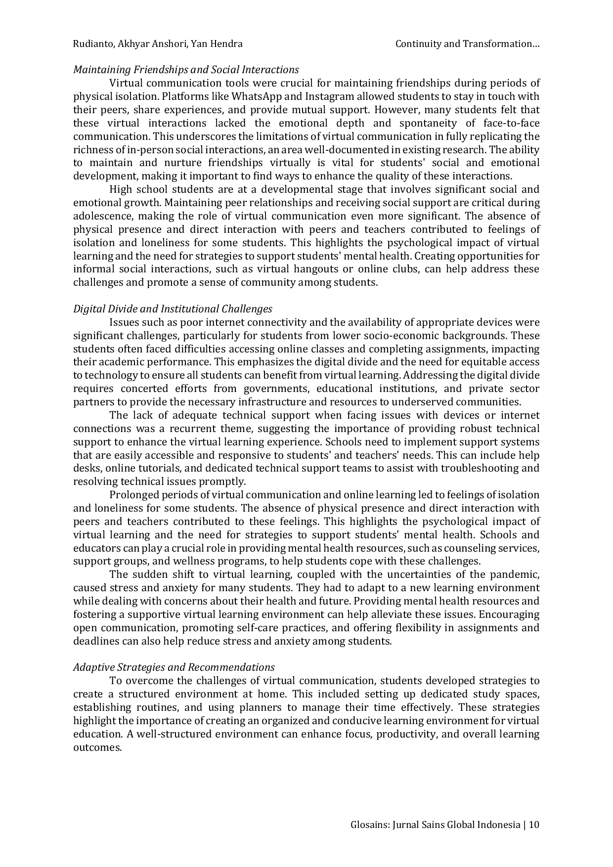 JURIS Continuity and Change Virtual Communication Among High School Students in Medan After Covid 19 Pandemic