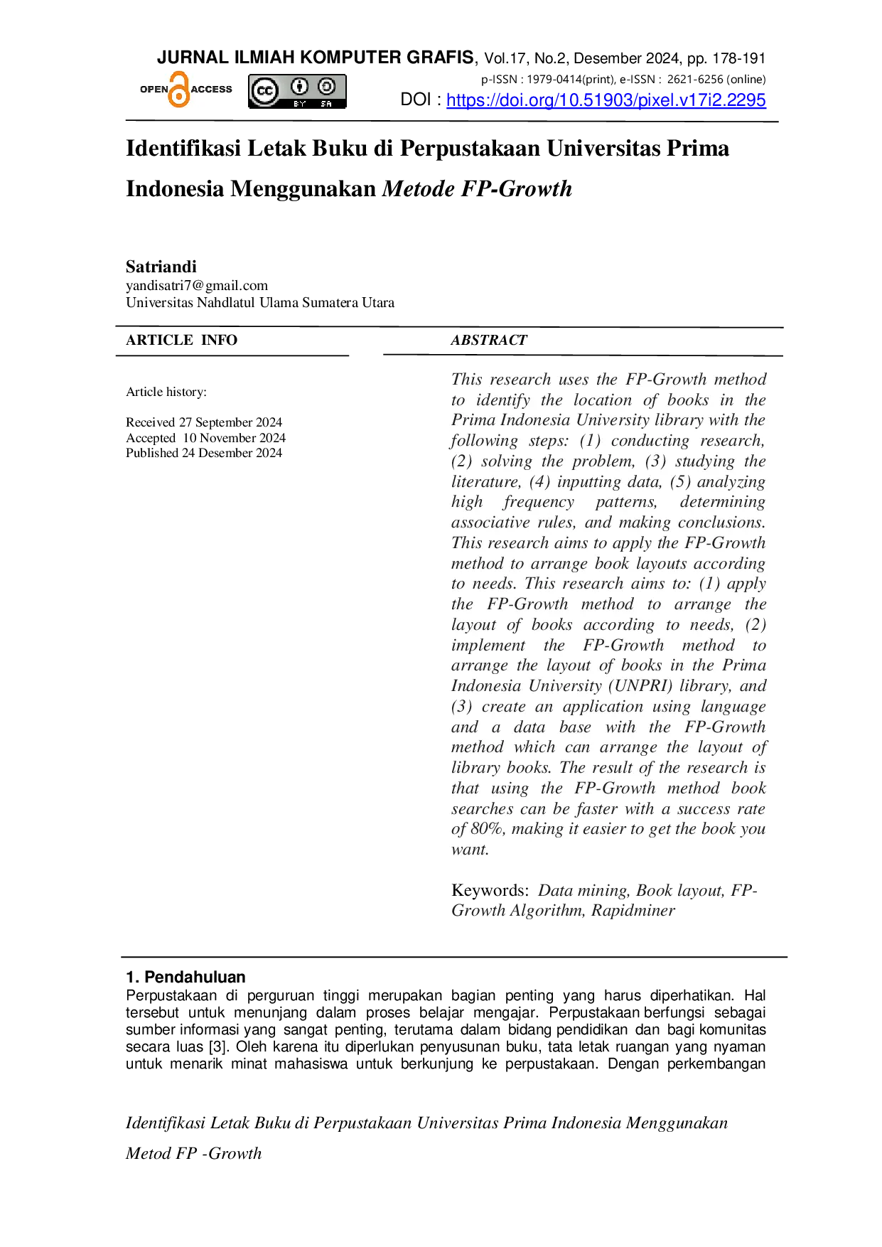 JURIS Identifikasi Letak Buku di Perpustakaan Universitas Prima Indonesia Menggunakan Metode FP Growth