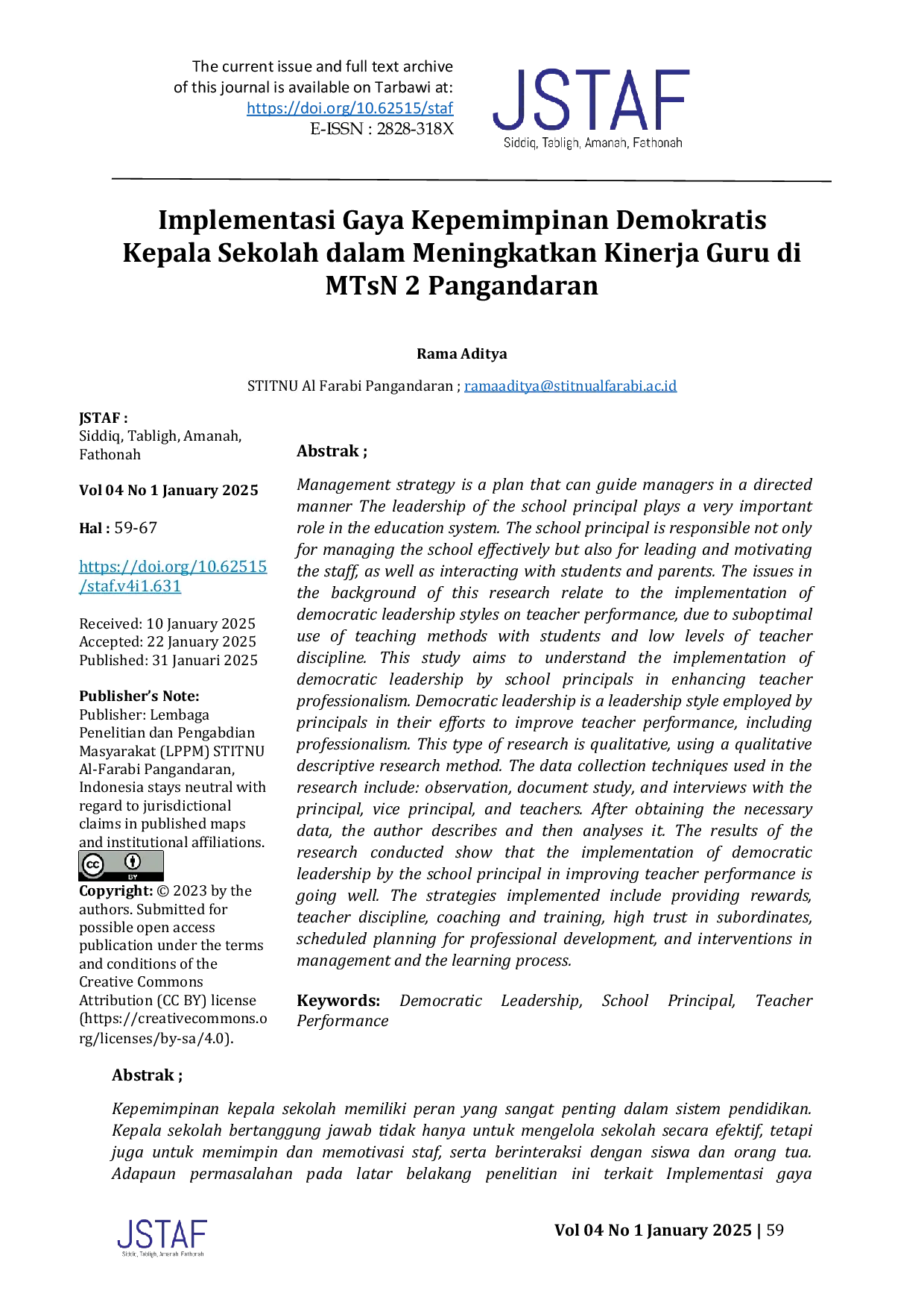 JURIS Implementasi Gaya Kepemimpinan Demokratis Kepala Sekolah dalam Meningkatkan Kinerja Guru di MTsN 2 Pangandaran