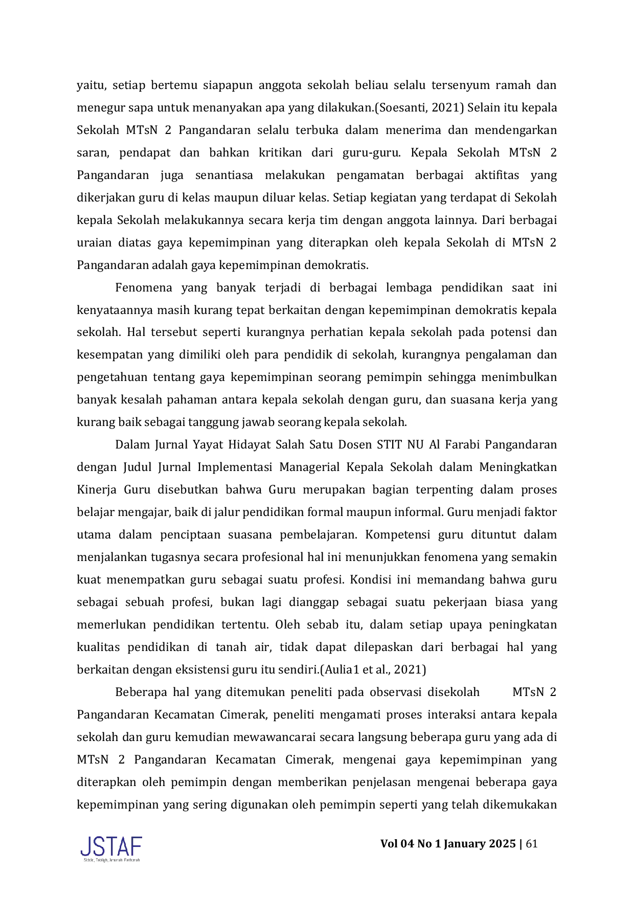 JURIS Implementasi Gaya Kepemimpinan Demokratis Kepala Sekolah dalam Meningkatkan Kinerja Guru di MTsN 2 Pangandaran