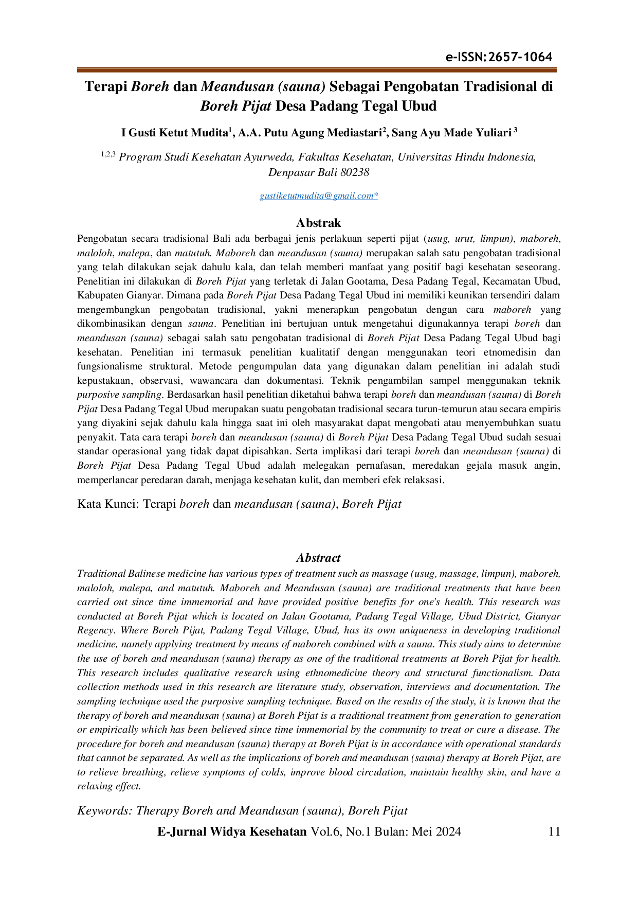 JURIS Terapi boreh dan meandusan sauna sebagai pengobatan tradisional di boreh pijat Desa Padang Tegal Ubud Boreh therapy and meandusan sauna as traditional treatment at Boreh Massage Padang Tegal Vil