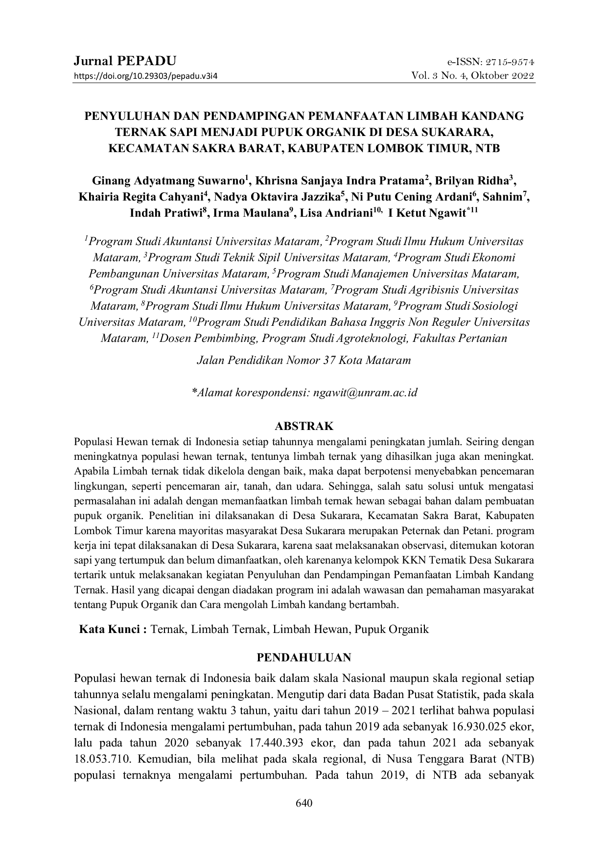 JURIS Penyuluhan Dan Pendampingan Pemanfaatan Limbah Kandang Ternak Sapi Menjadi Pupuk Organik Di Desa Sukarara Kecamatan Sakra Barat Kabupaten Lombok Timur Ntb