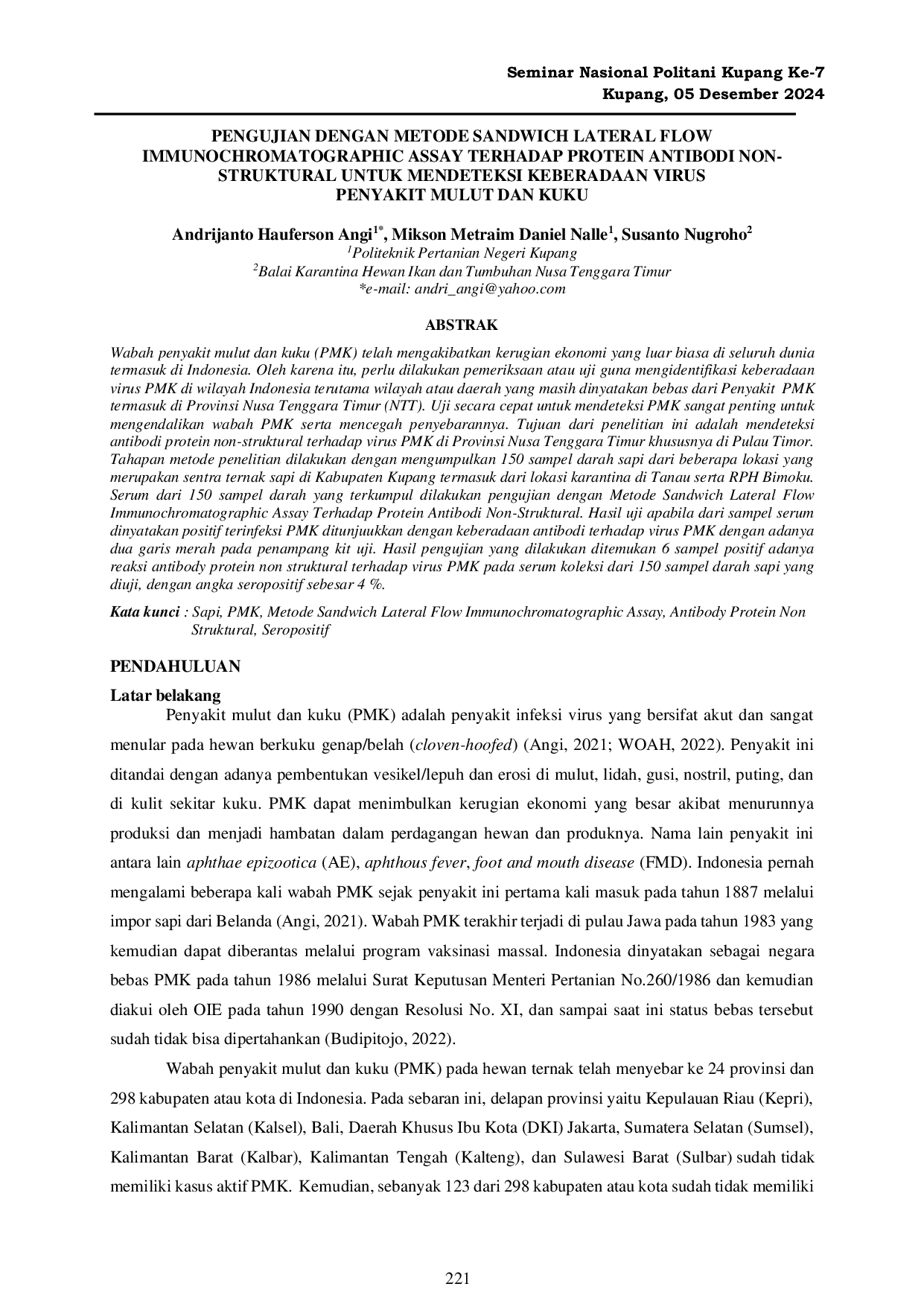 JURIS Pengujian Dengan Metode Sandwich Lateral Flow Immunochromatographic Assay Terhadap Protein Antibodi Non Struktural Untuk Mendeteksi Keberadaan Virus Penyakit Mulut Dan Kuku