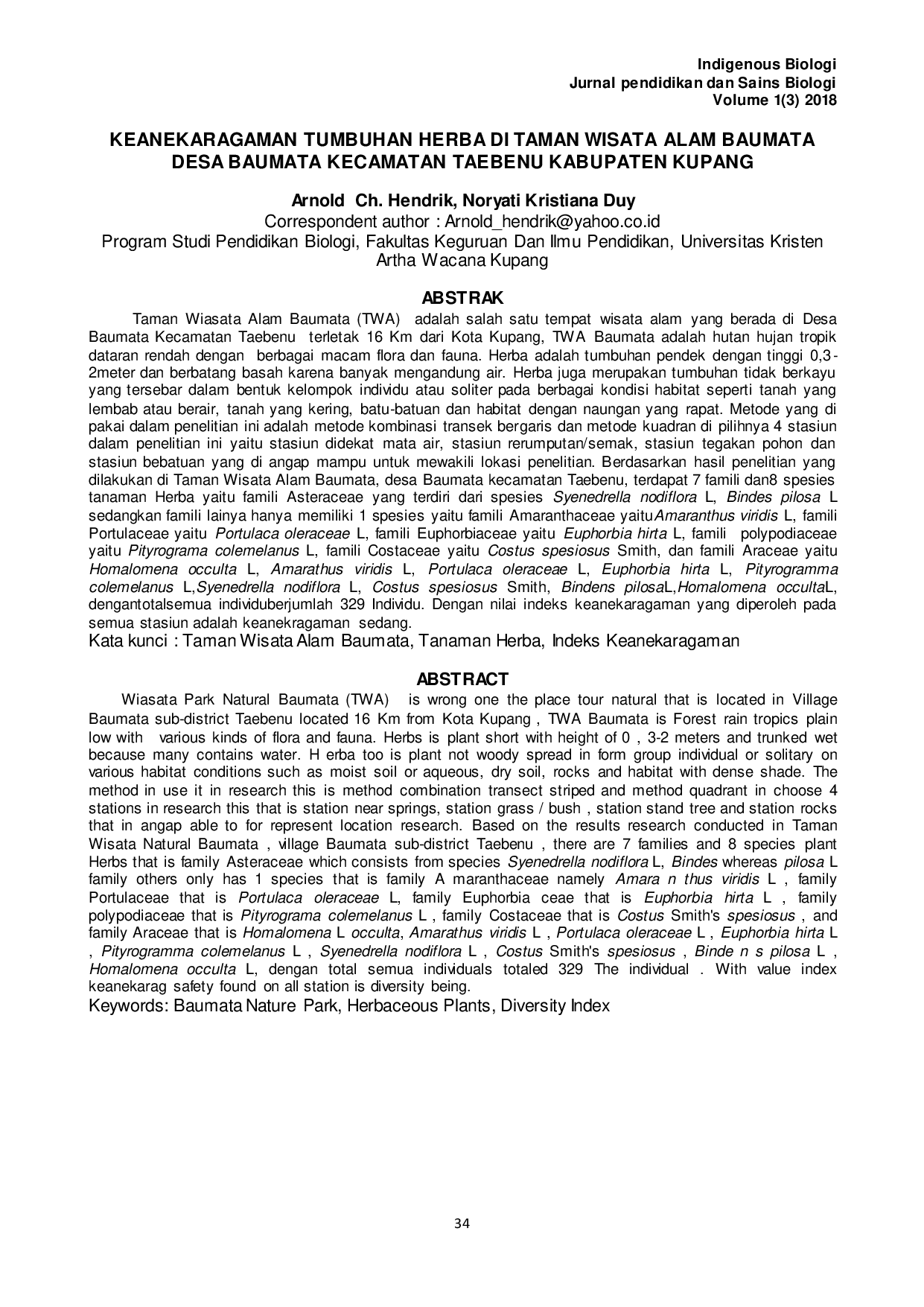 JURIS Keanekaragaman Tumbuhan Herba Di Taman Wisata Alam Baumata Desa Baumata Kecamatan Taebenu Kabupaten Kupang