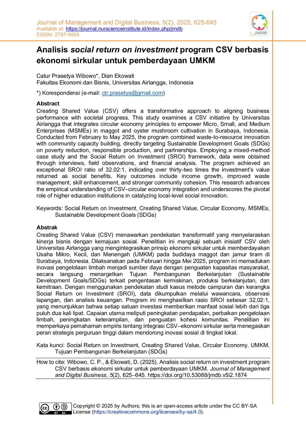 JURIS Analisis social return on investment program CSV berbasis ekonomi sirkular untuk pemberdayaan UMKM