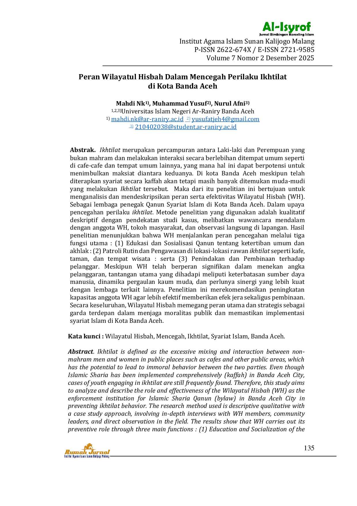 JURIS Peran Wilayatul Hisbah Dalam Mencegah Perilaku Ikhtilat Di Kota Banda Aceh