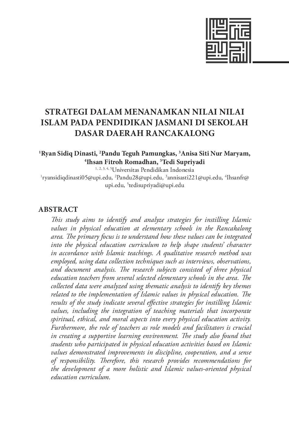 JURIS Strategi Dalam Menanamkan Nilai Nilai Islam Pada Pendidikan Jasmani Di Sekolah Dasar Daerah Rancakalong