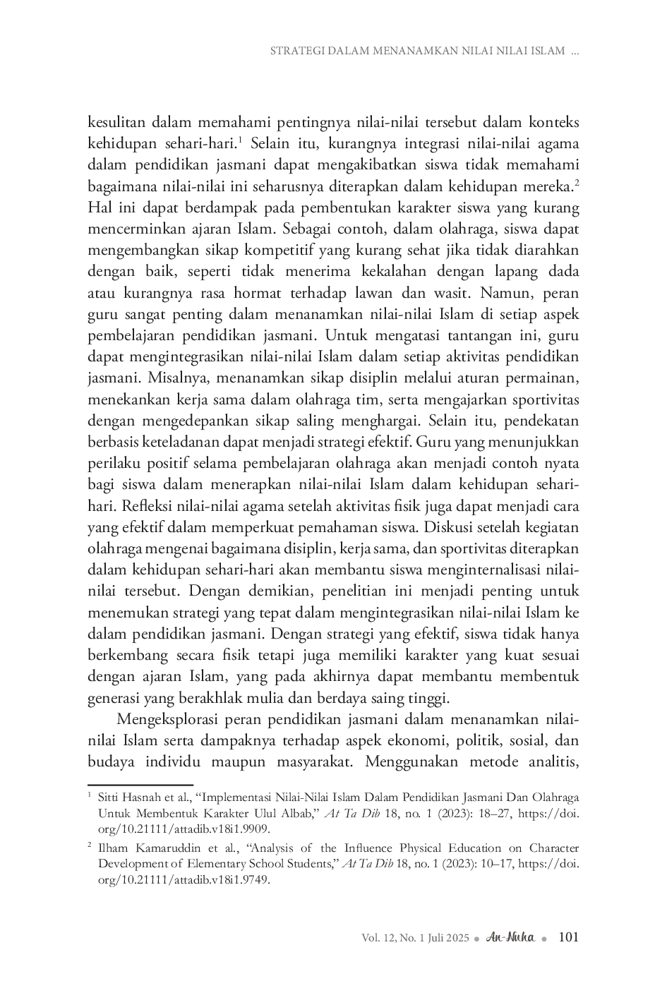 JURIS Strategi Dalam Menanamkan Nilai Nilai Islam Pada Pendidikan Jasmani Di Sekolah Dasar Daerah Rancakalong