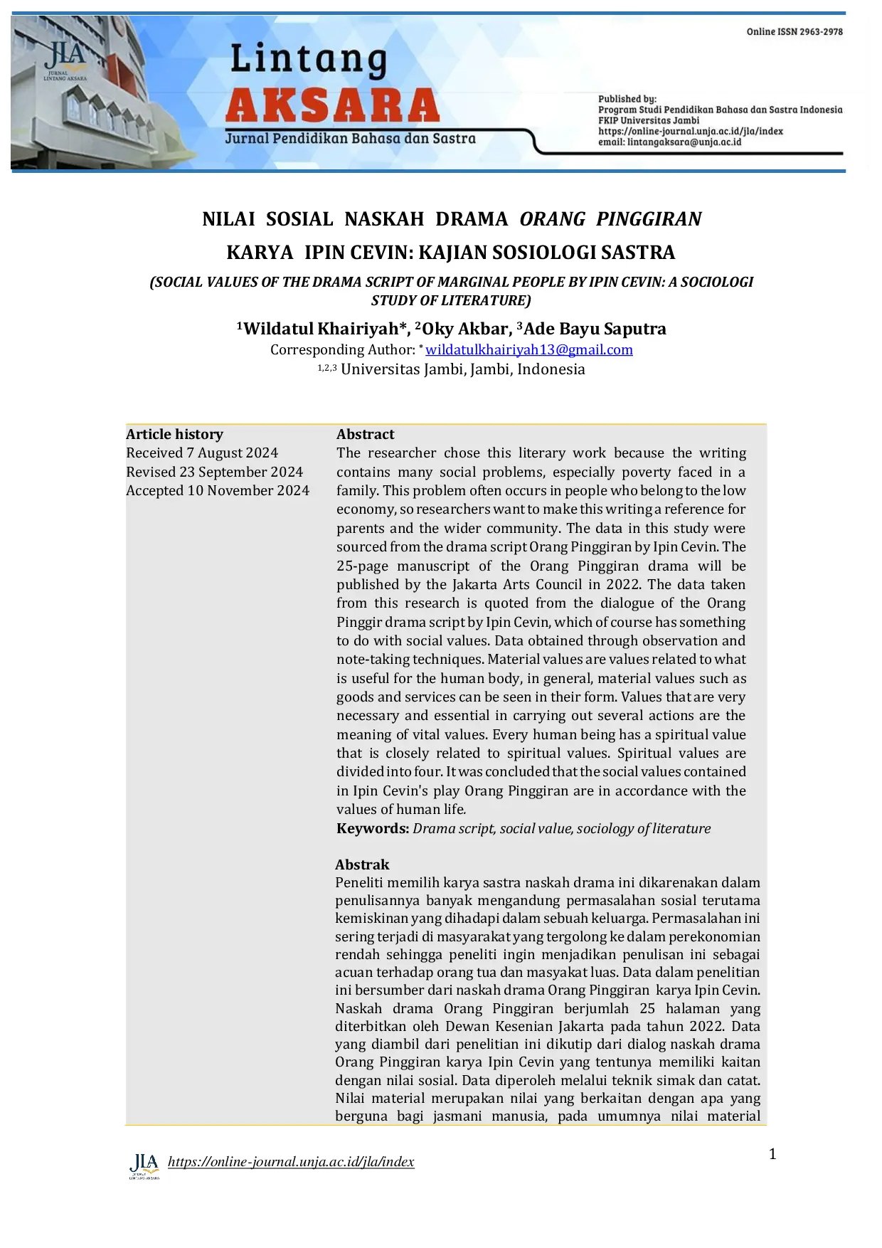 JURIS Nilai Sosial Naskah Drama Orang Pinggiran Karya Ipin Cevin Kajian Sosiologi Sastra