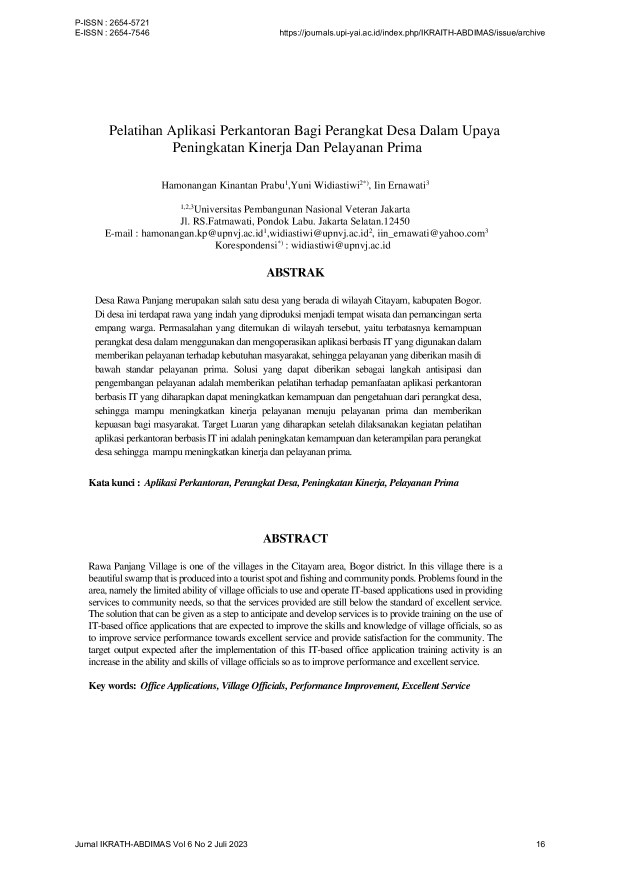 JURIS Pelatihan Aplikasi Perkantoran Bagi Perangkat Desa Dalam Upaya Peningkatan Kinerja Dan Pelayanan Prima