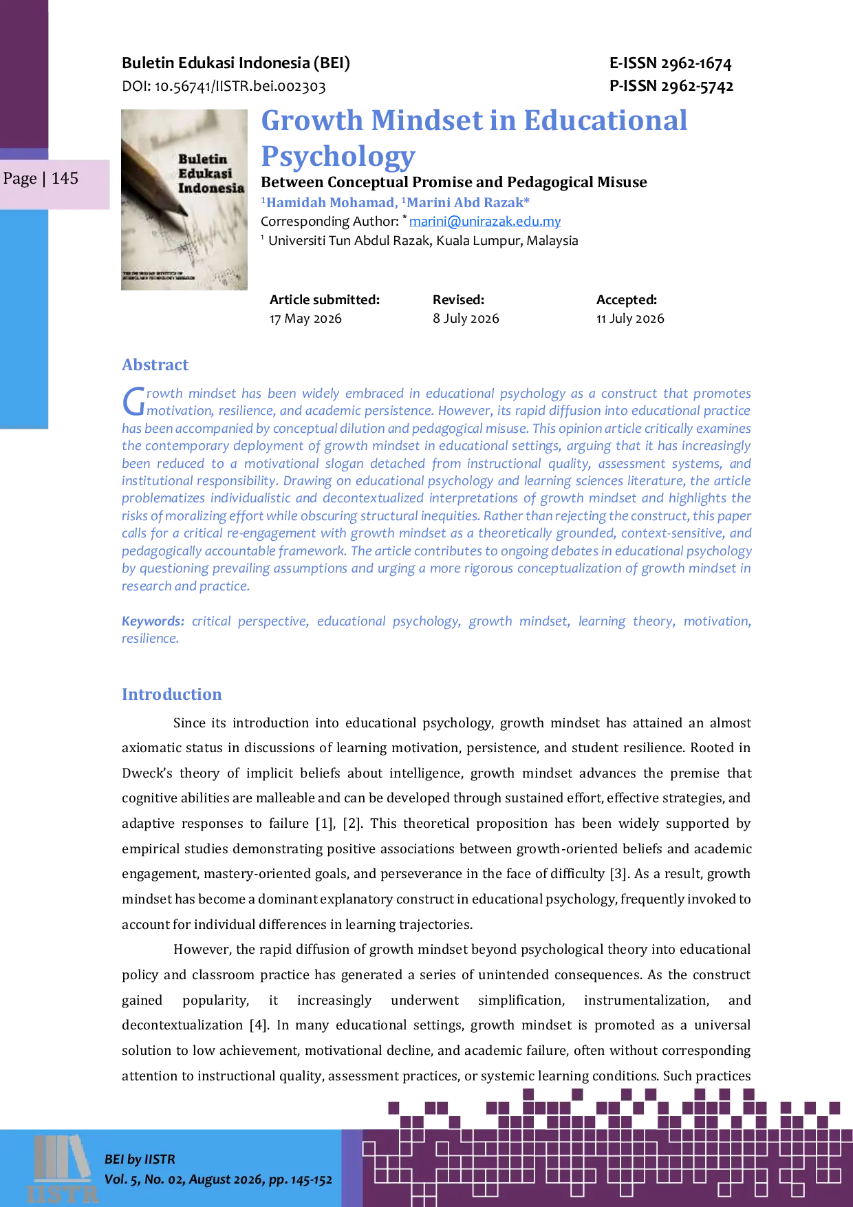 JURIS Growth Mindset in Educational Psychology Between Conceptual Promise and Pedagogical Misuse