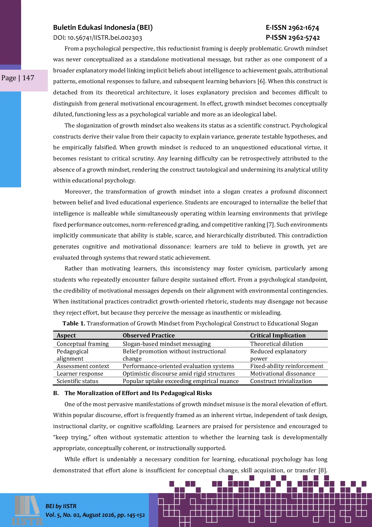 JURIS Growth Mindset in Educational Psychology Between Conceptual Promise and Pedagogical Misuse