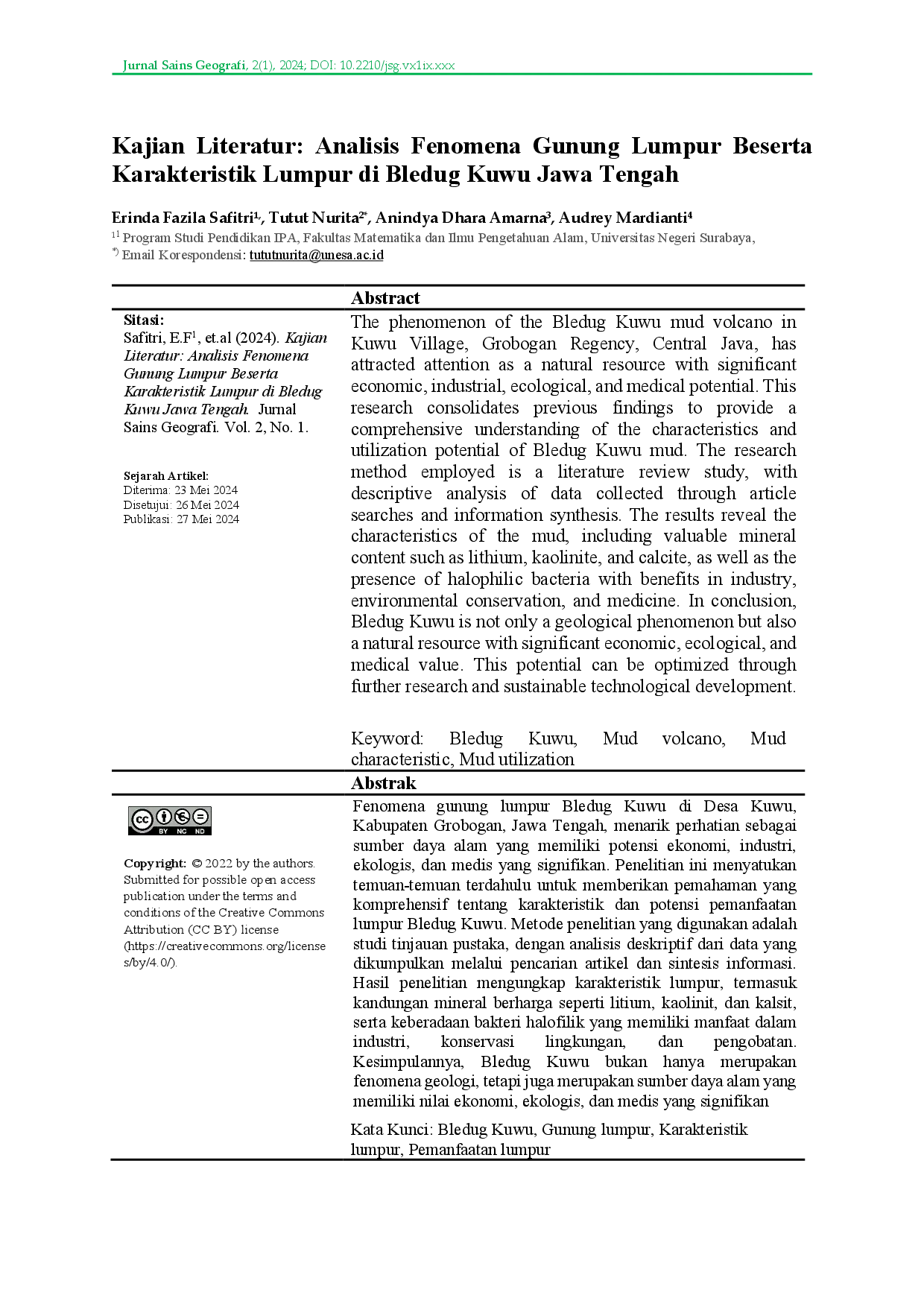 juris Kajian Literatur Analisis Fenomena Gunung Lumpur Beserta Karakteristik Lumpur di Bledug Kuwu Jawa Tengah