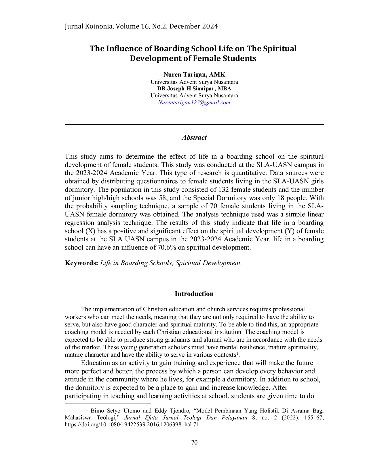 JURIS The Influence of Boarding School Life on The Spiritual Development of Female Students