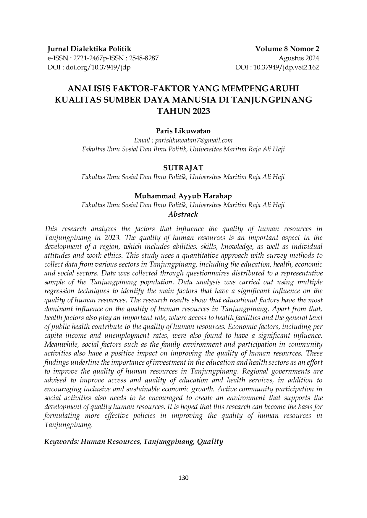 JURIS Analisis Faktor faktor Yang Mempengaruhi Kualitas Sumber Daya Manusia di Tanjungpinang Tahun 2023