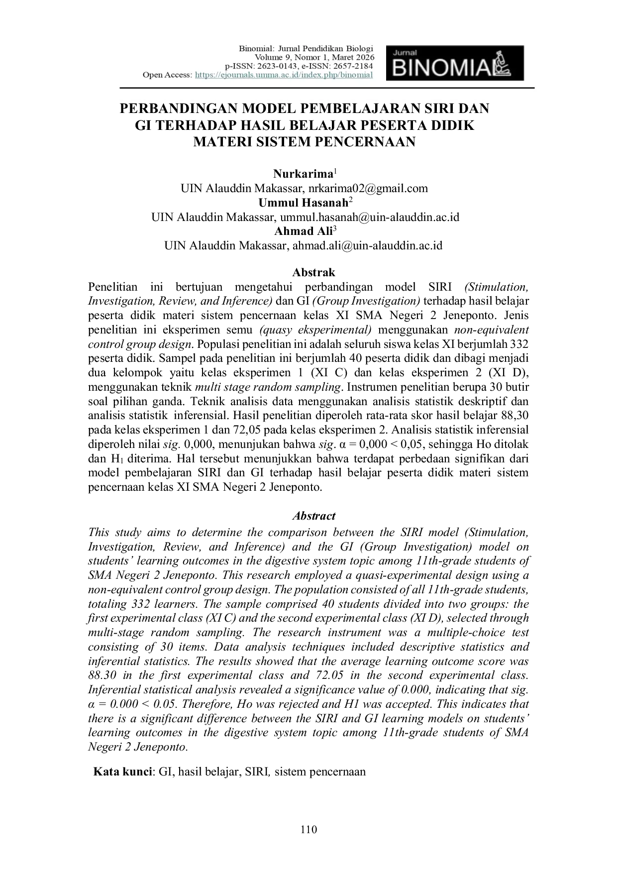 JURIS Perbandingan Model Pembelajaran Siri dan GI Terhadap Hasil Belajar Peserta Didik Materi Sistem Pencernaan