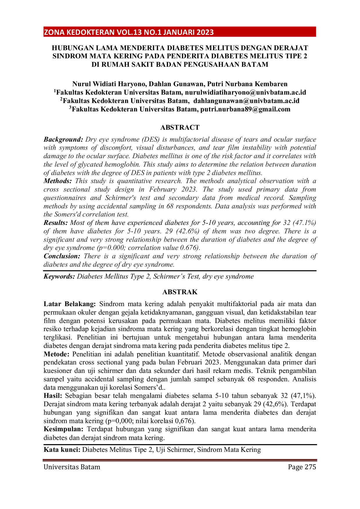 JURIS Hubungan Lama Menderita Diabetes Melitus dengan Derajat Sindrom Mata Kering pada Penderita Diabetes Melitus Tipe 2 di Rumah Sakit Badan Pengusahaan Batam