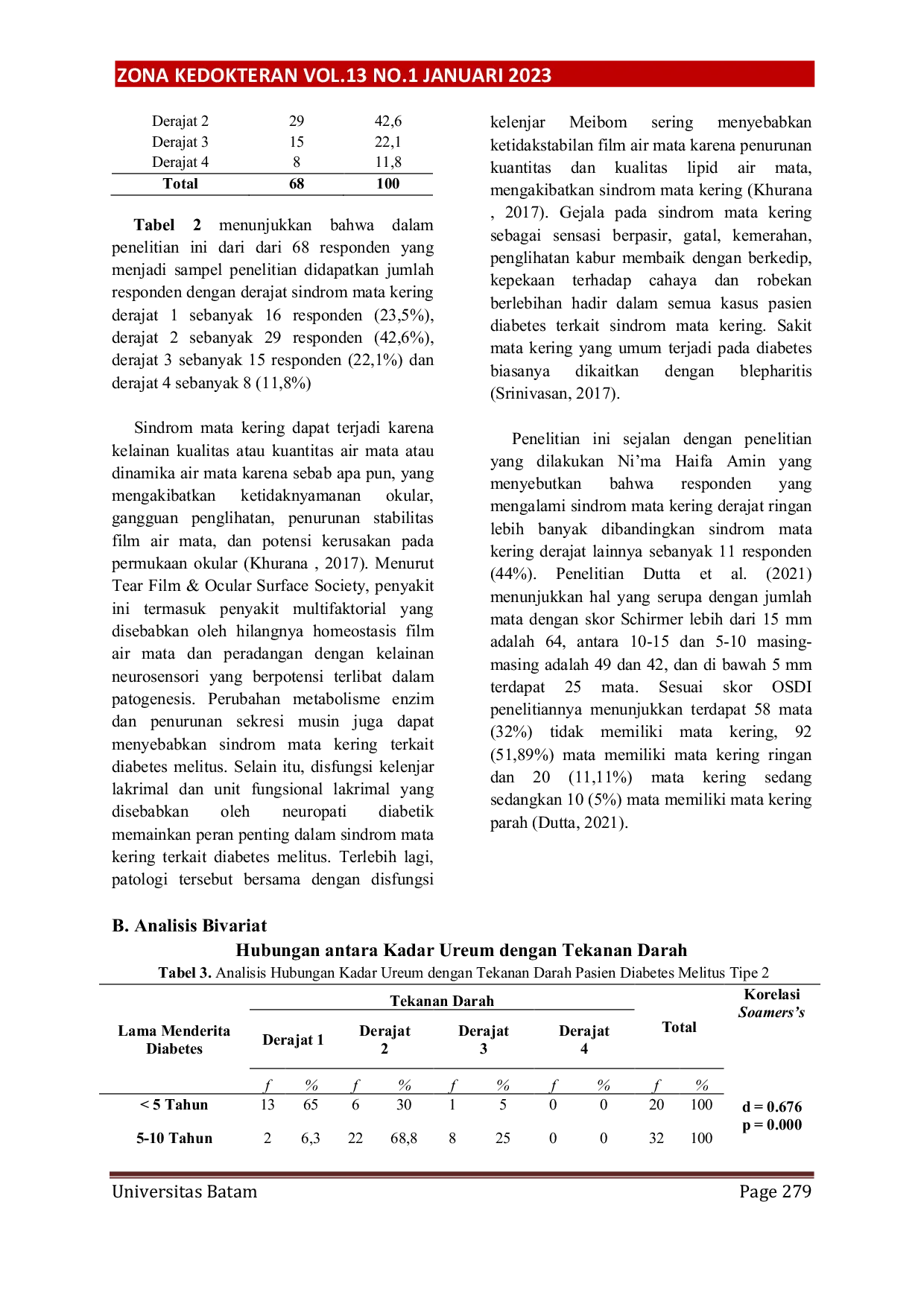 JURIS Hubungan Lama Menderita Diabetes Melitus dengan Derajat Sindrom Mata Kering pada Penderita Diabetes Melitus Tipe 2 di Rumah Sakit Badan Pengusahaan Batam