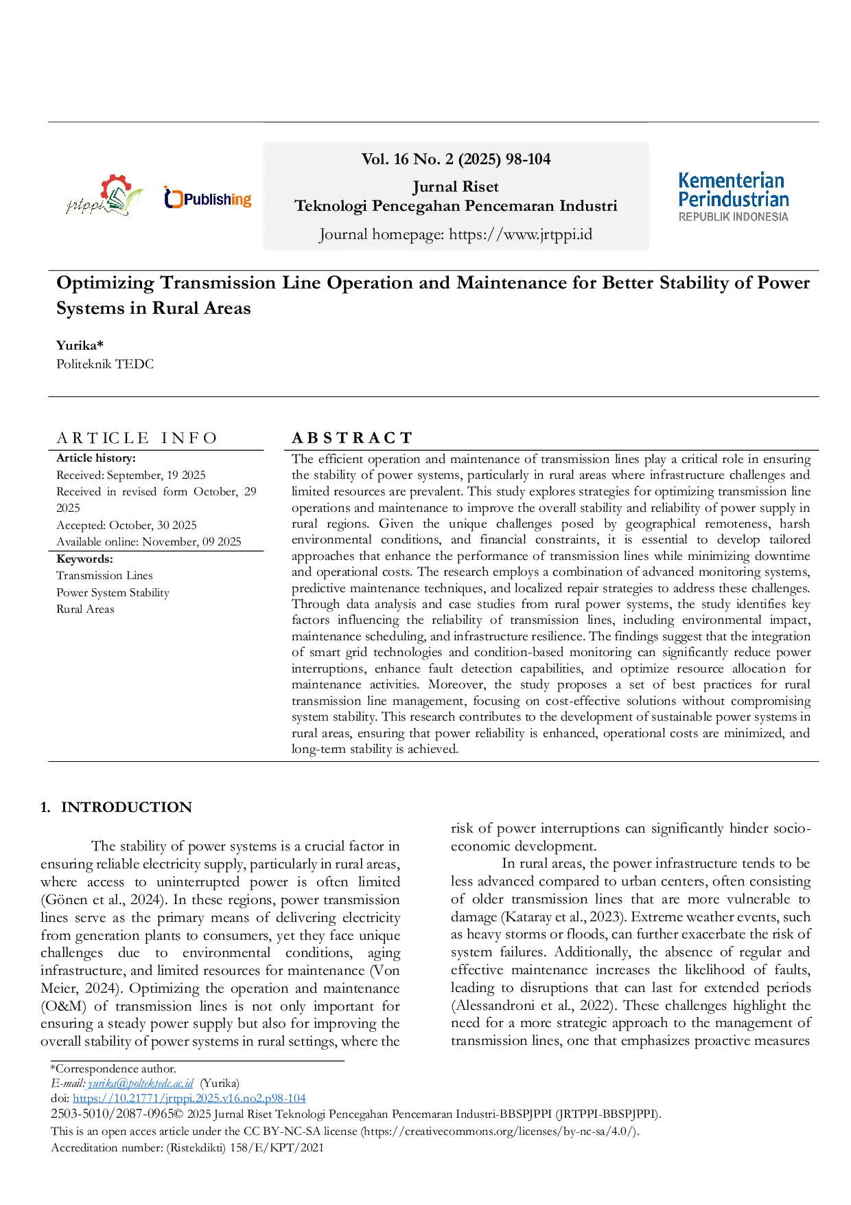 JURIS Optimizing Transmission Line Operation and Maintenance for Better Stability of Power Systems in Rural Areas