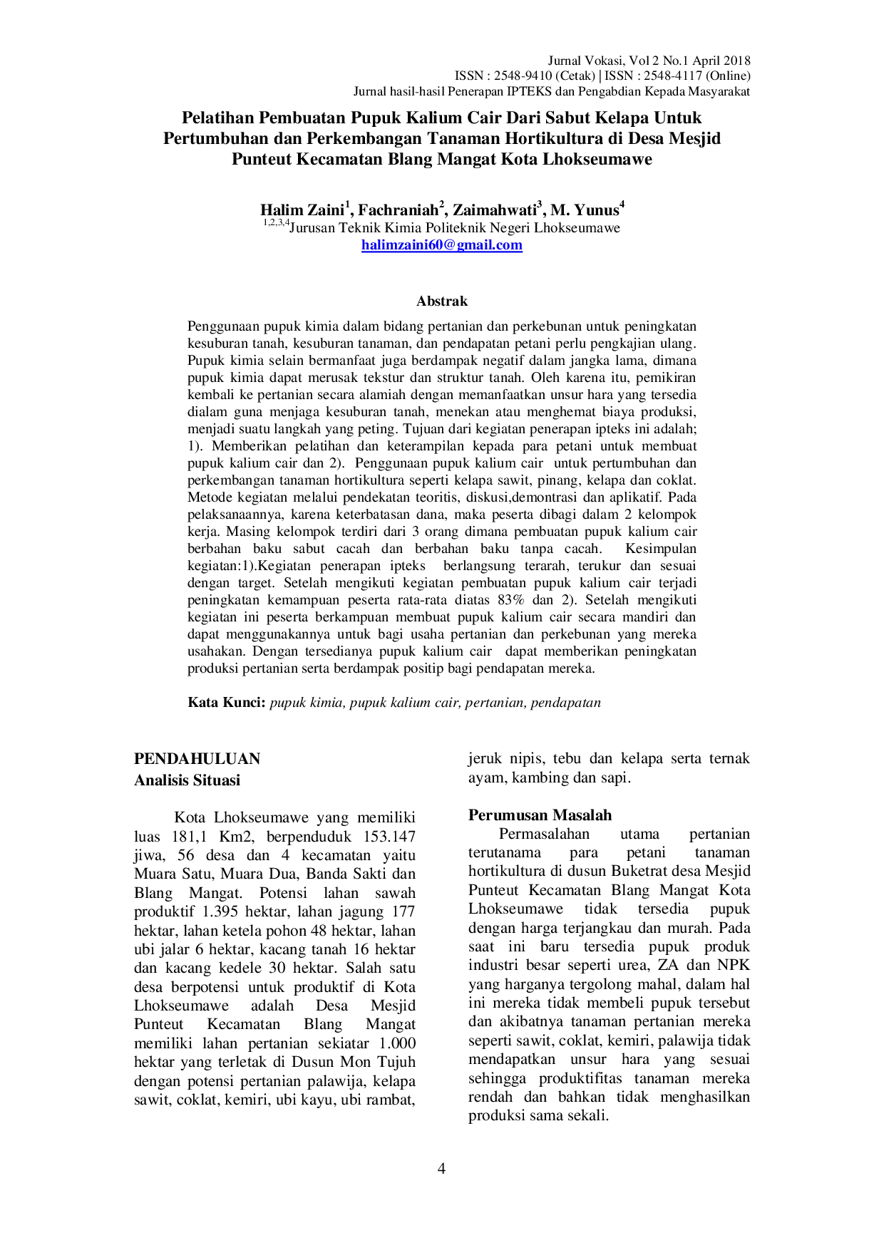JURIS Pelatihan Pembuatan Pupuk Kalium Cair Dari Sabut Kelapa Untuk Pertumbuhan dan Perkembangan Tanaman Hortikultura di Desa Mesjid Punteut Kecamatan Blang Mangat Kota Lhokseumawe