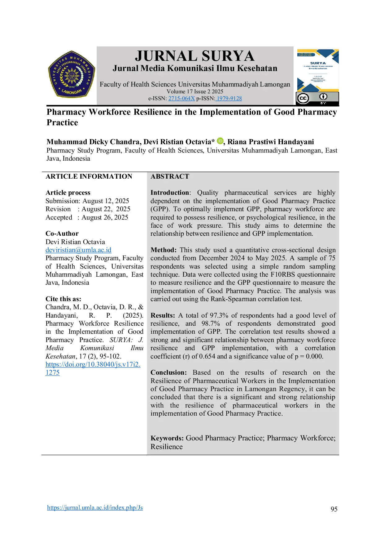 JURIS Resilience of Pharmacy Workforce in the Implementation of Good Pharmacy Practice