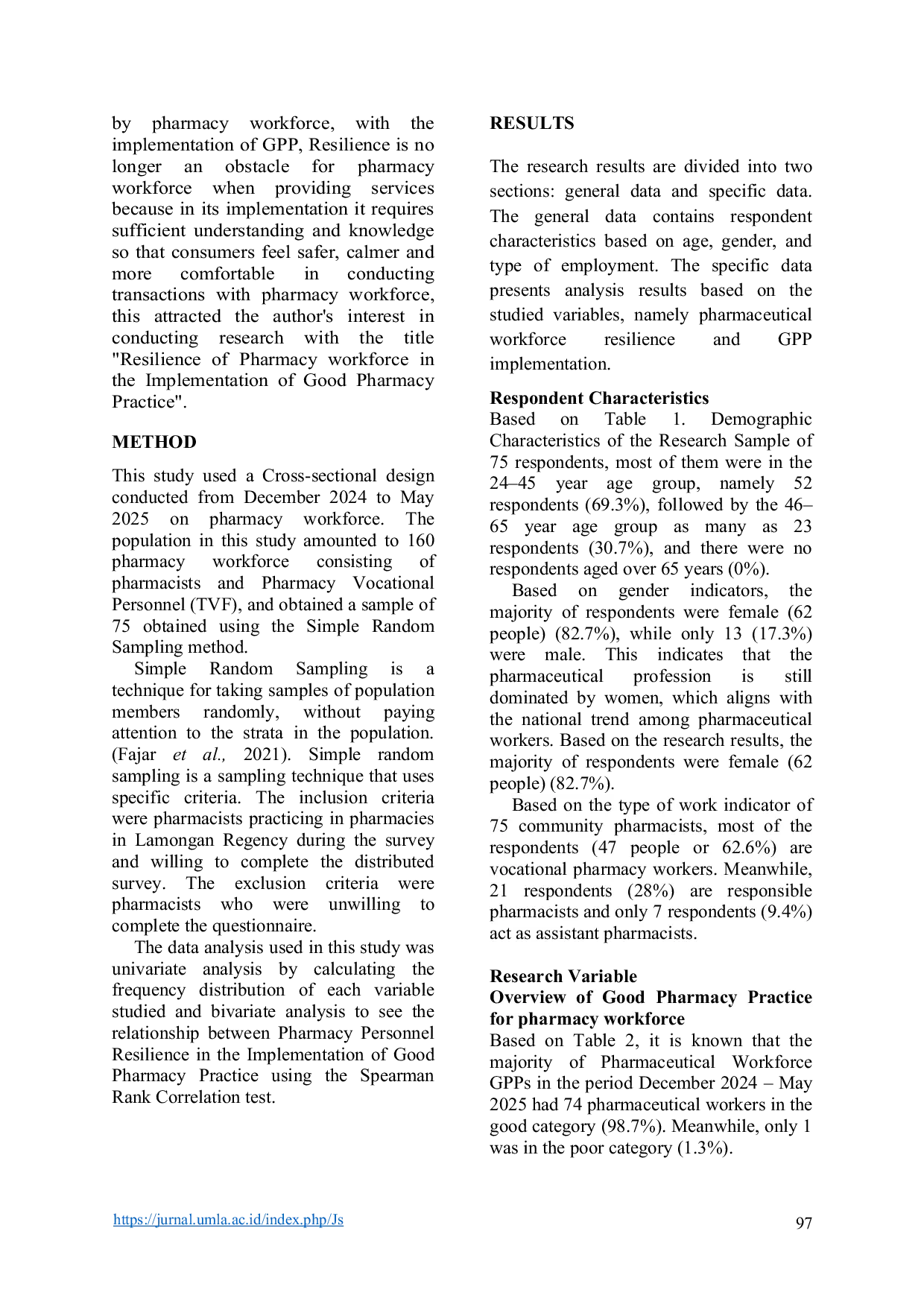 JURIS Resilience of Pharmacy Workforce in the Implementation of Good Pharmacy Practice