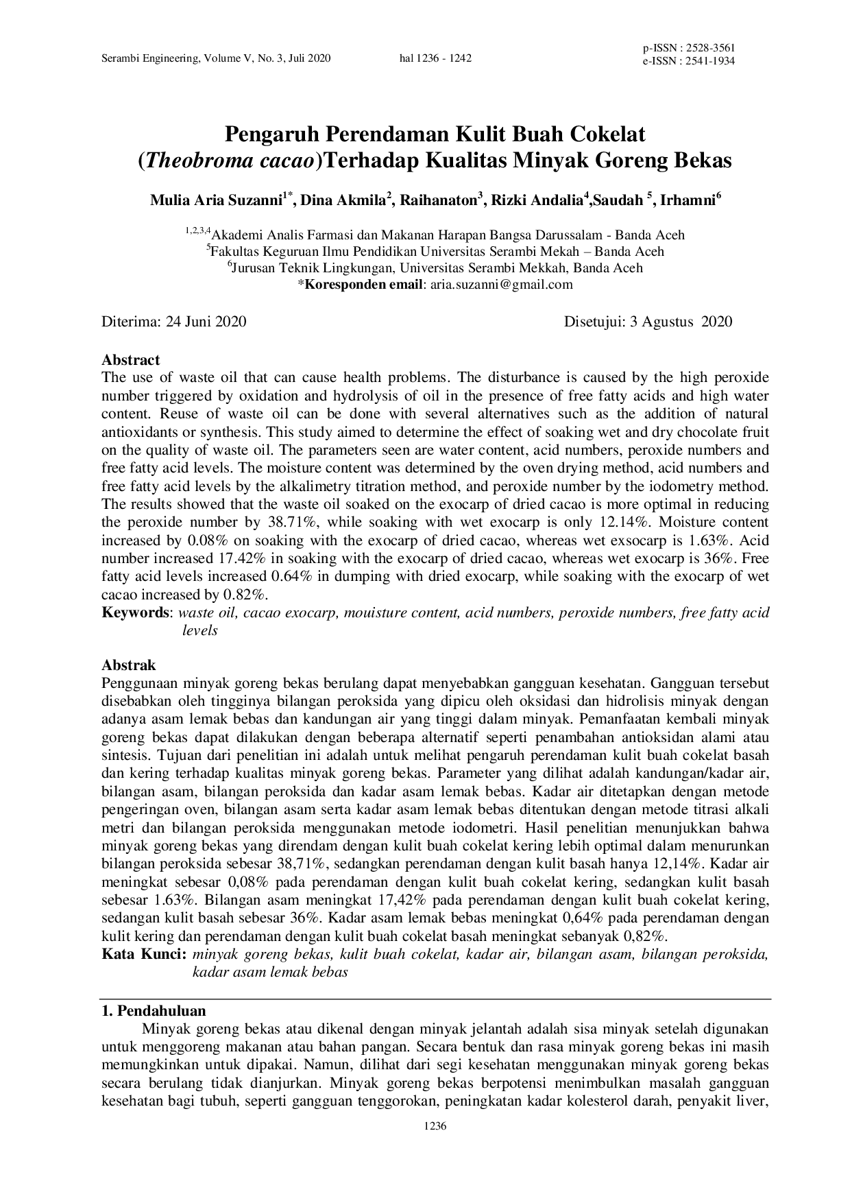 JURIS Pengaruh Perendaman Kulit Buah Cokelat Theobroma cacao Terhadap Kualitas Minyak Goreng Bekas
