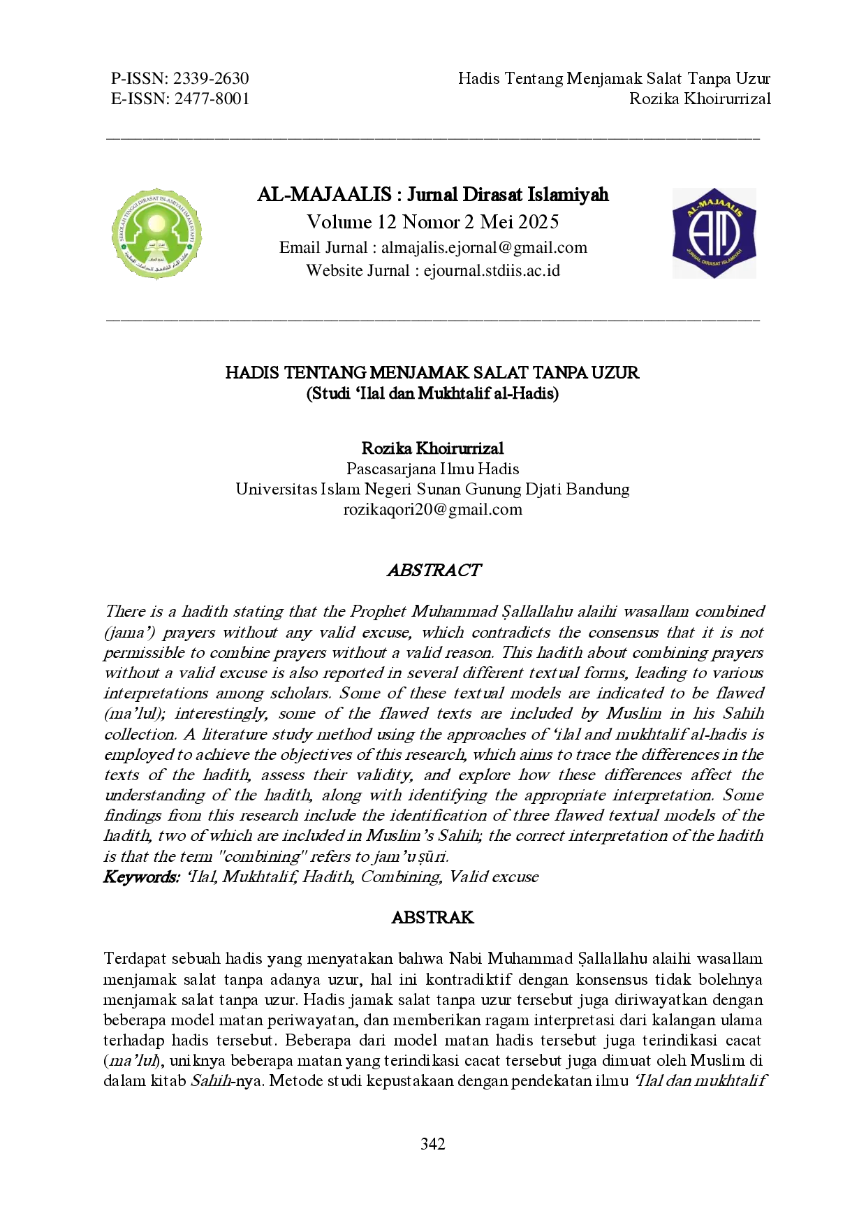 juris HADIS TENTANG MENJAMAK SALAT TANPA UZUR Studi Ilal dan Mukhtalif al Hadis