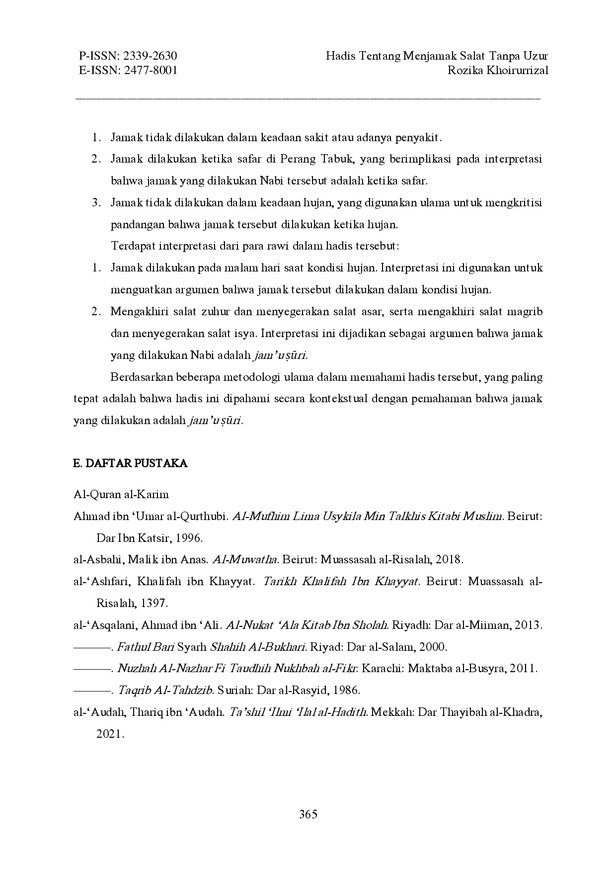 juris HADIS TENTANG MENJAMAK SALAT TANPA UZUR Studi Ilal dan Mukhtalif al Hadis